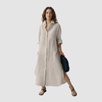 Elcevi |Long Sleeve Split Casual Linen Maxi Dress For Women