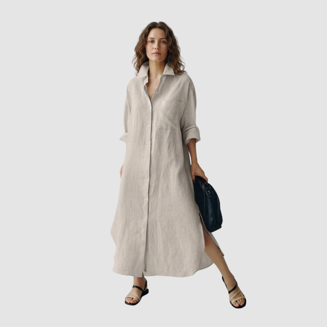 Elcevi |Long Sleeve Split Casual Linen Maxi Dress For Women