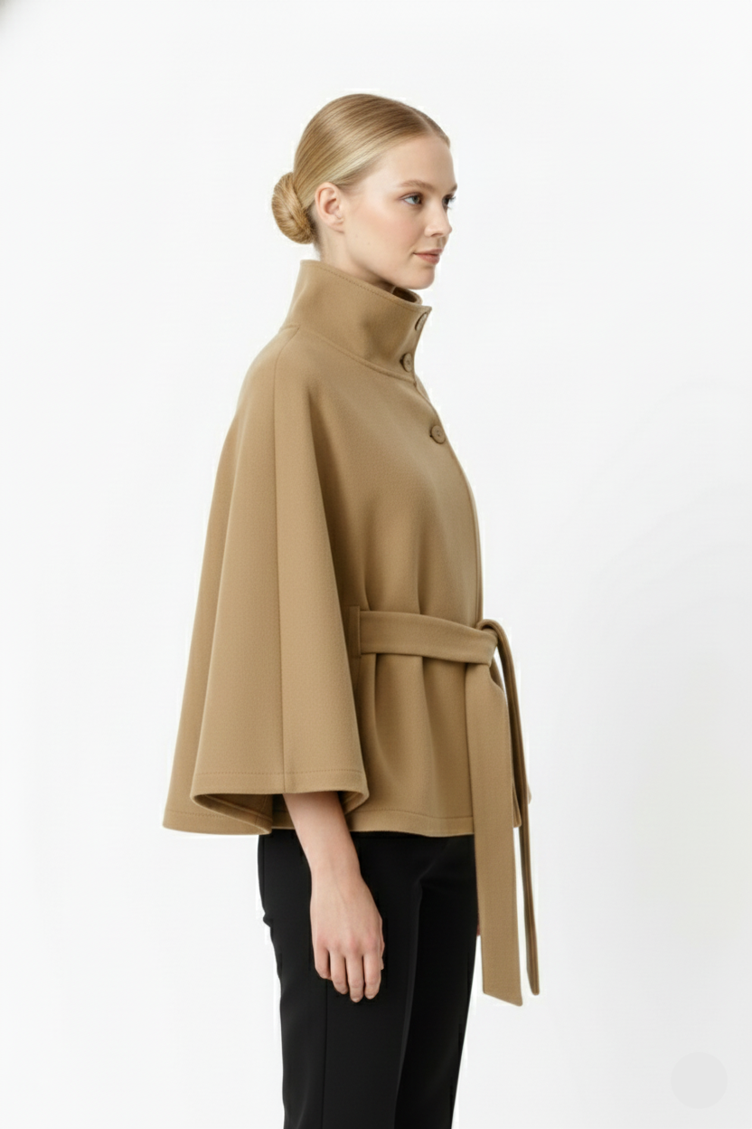 Lia Wool Coat for Women – Elegant High Collar with Removable Belt & Relaxed Fit