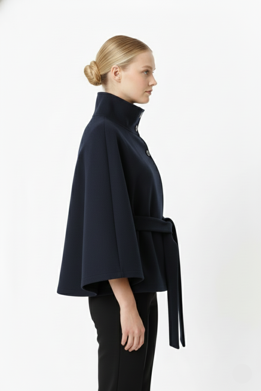 Lia Wool Coat for Women – Elegant High Collar with Removable Belt & Relaxed Fit
