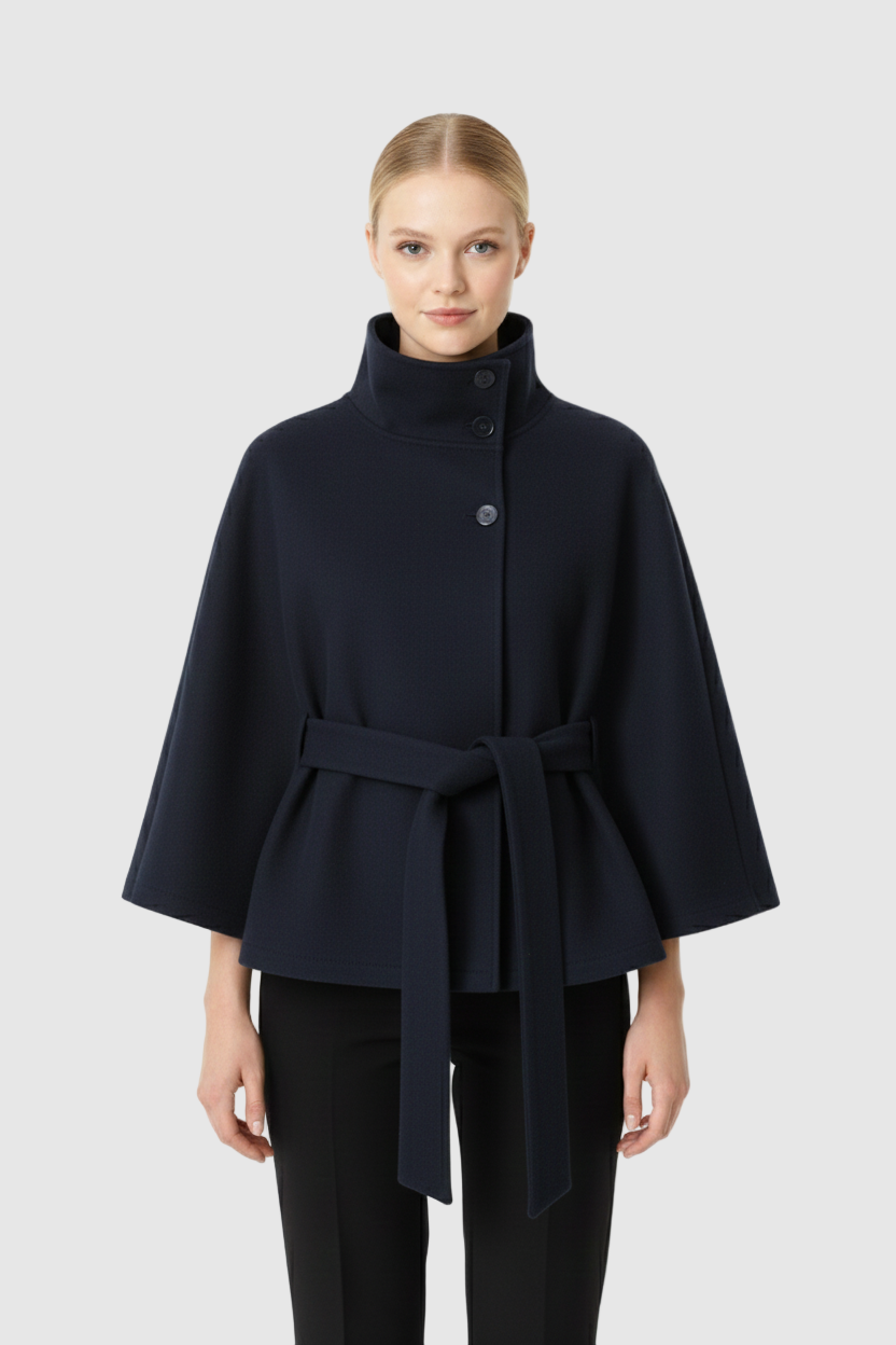 Lia Wool Coat for Women – Elegant High Collar with Removable Belt & Relaxed Fit