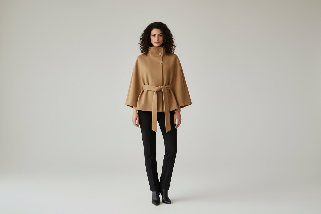 Lia Wool Coat for Women – Elegant High Collar with Removable Belt & Relaxed Fit