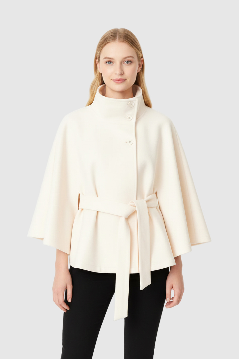 Lia Wool Coat for Women – Elegant High Collar with Removable Belt & Relaxed Fit