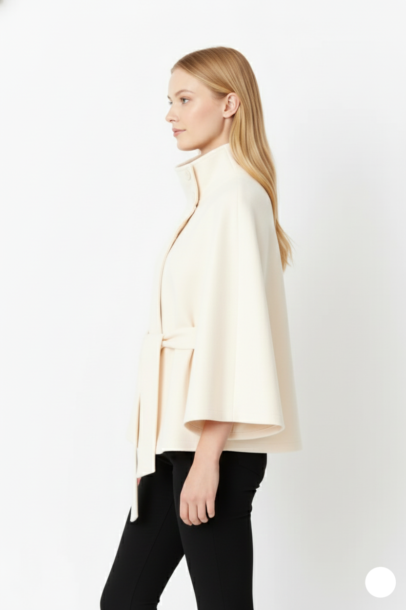 Lia Wool Coat for Women – Elegant High Collar with Removable Belt & Relaxed Fit