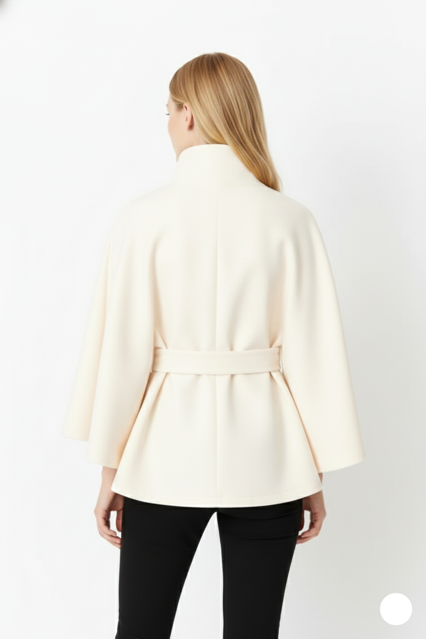 Lia Wool Coat for Women – Elegant High Collar with Removable Belt & Relaxed Fit