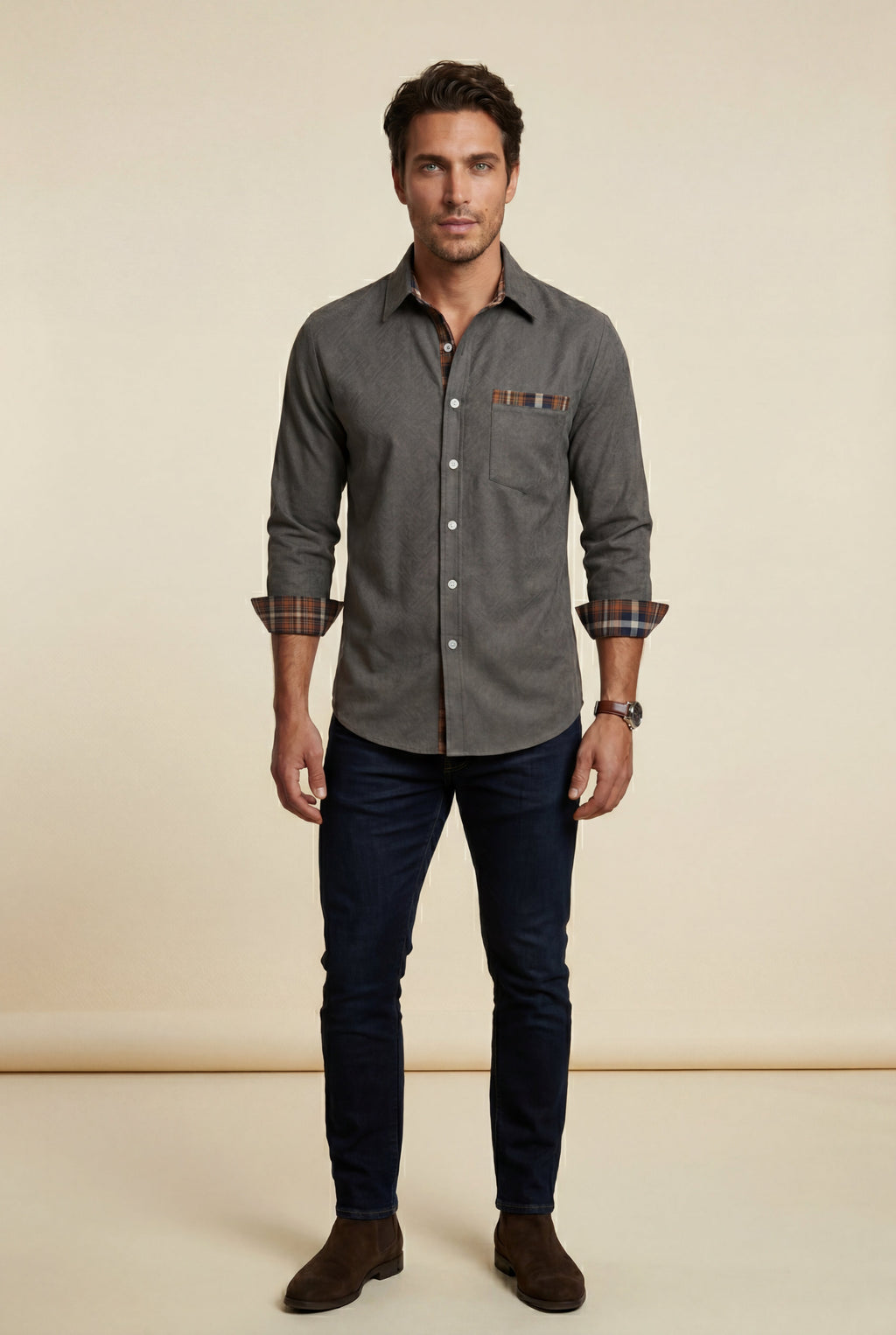 Kian | Men's Plaid Trim Button-Up Casual Shirt