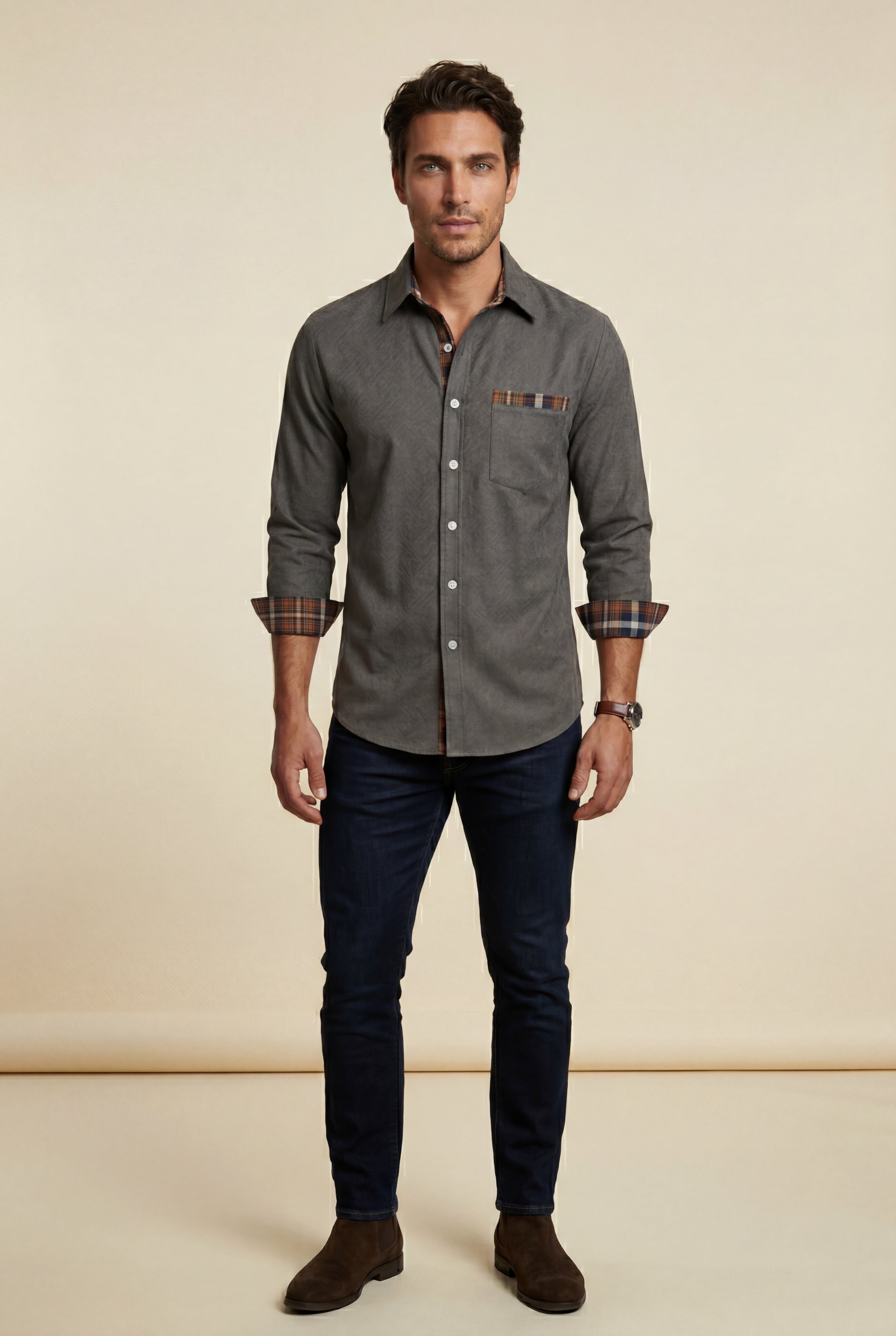 Kian | Men's Plaid Trim Button-Up Casual Shirt