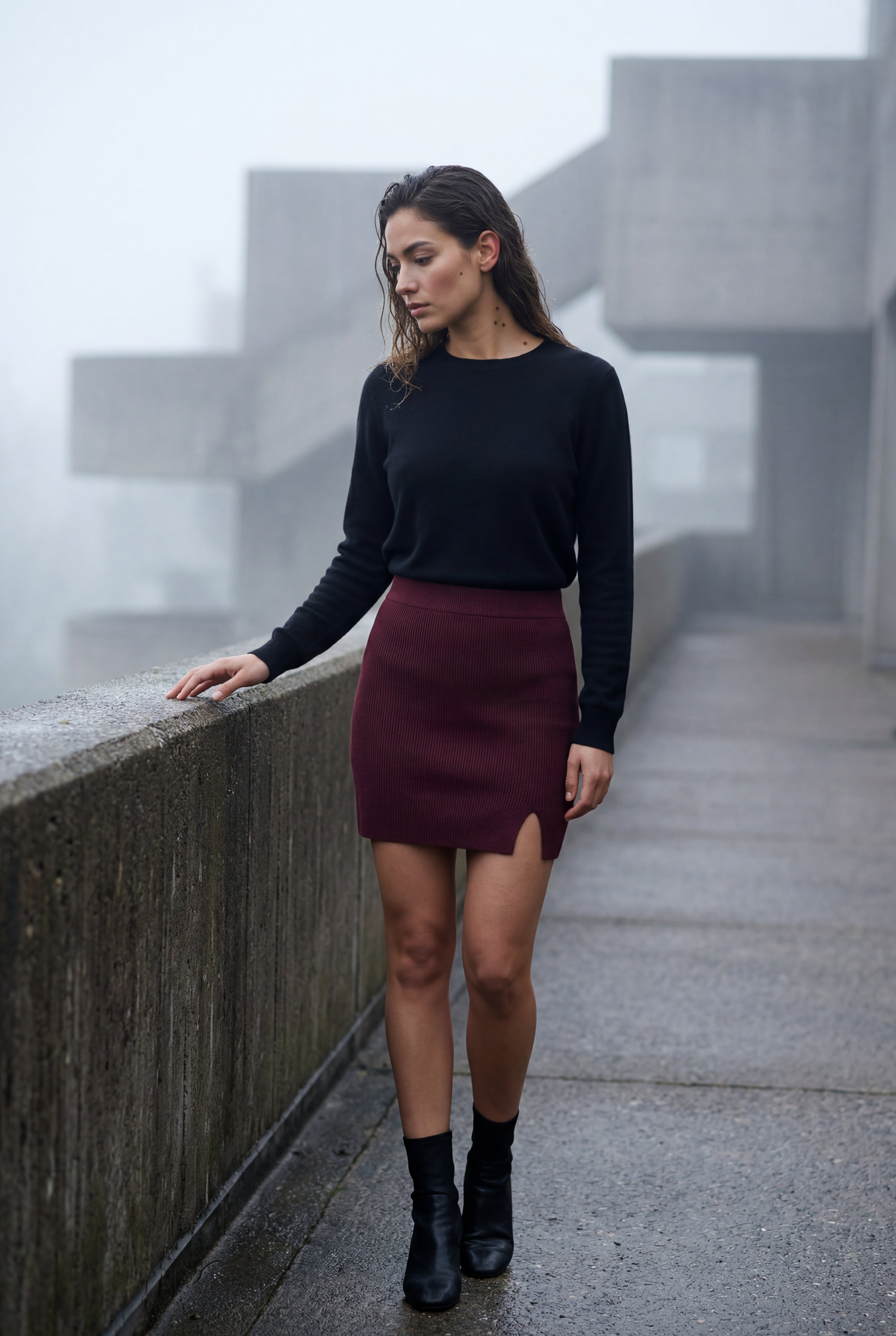 Alyssa | Ribbed High Waist Mini Skirt with Front Slit for Women
