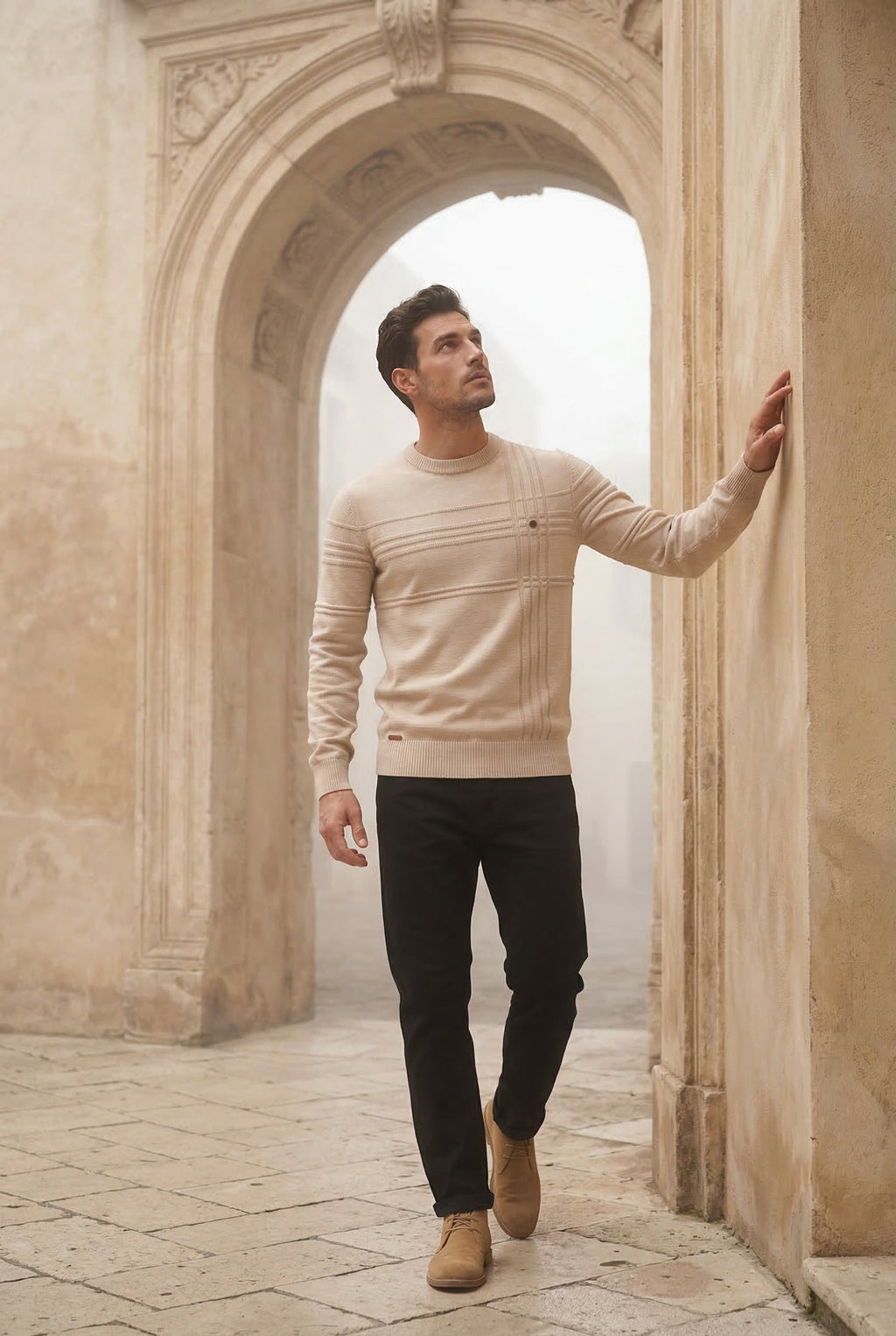 Structured Tonal Textured Crewneck Sweater | Liam