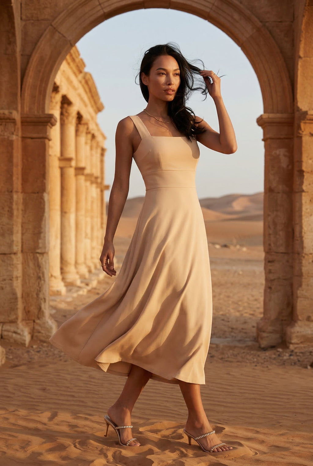 Alessia | Square Neck Sleeveless A-Line Midi Dress For Women