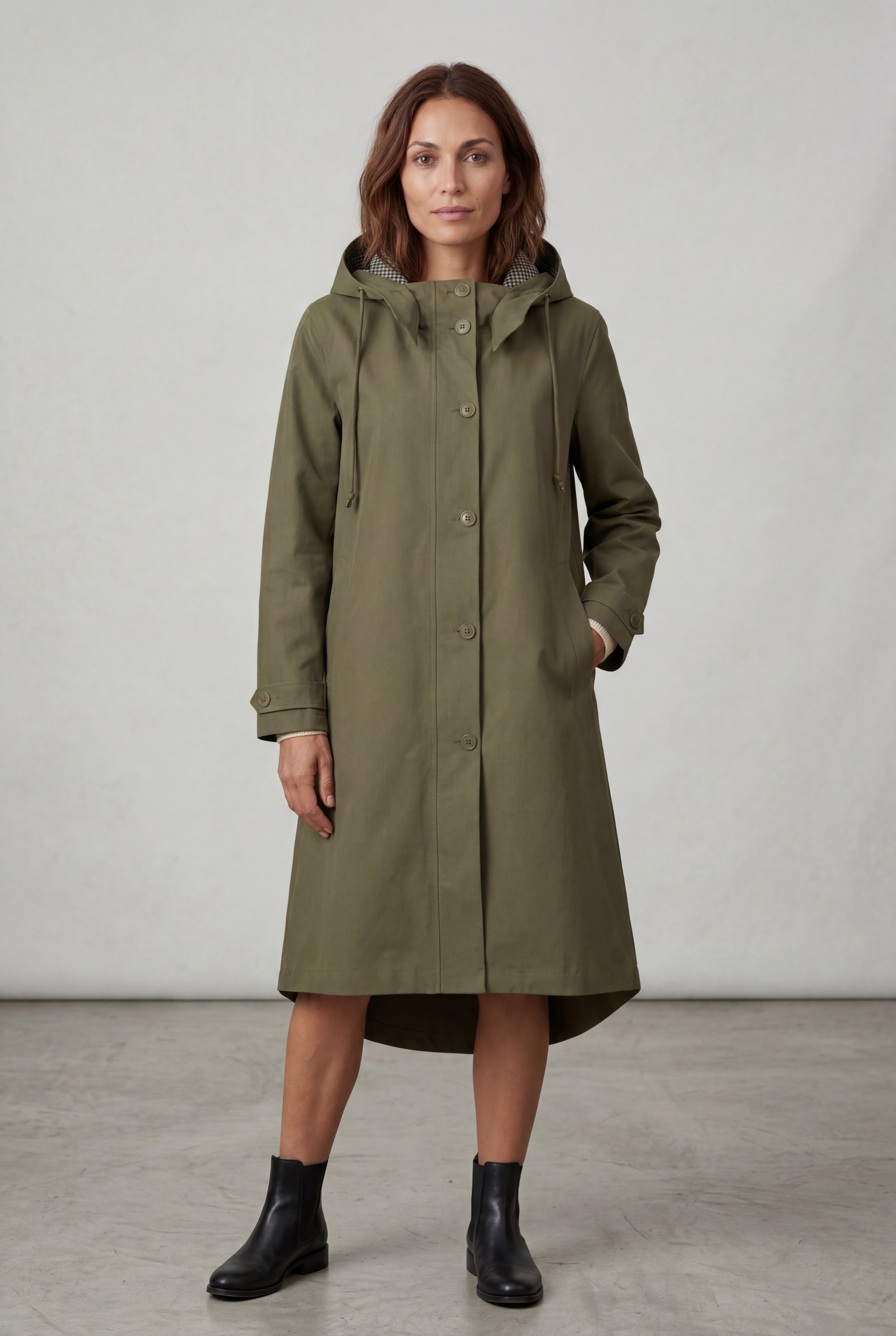 Hooded Snap Button Long Parka Coat with Adjustable Waist | Elcevi