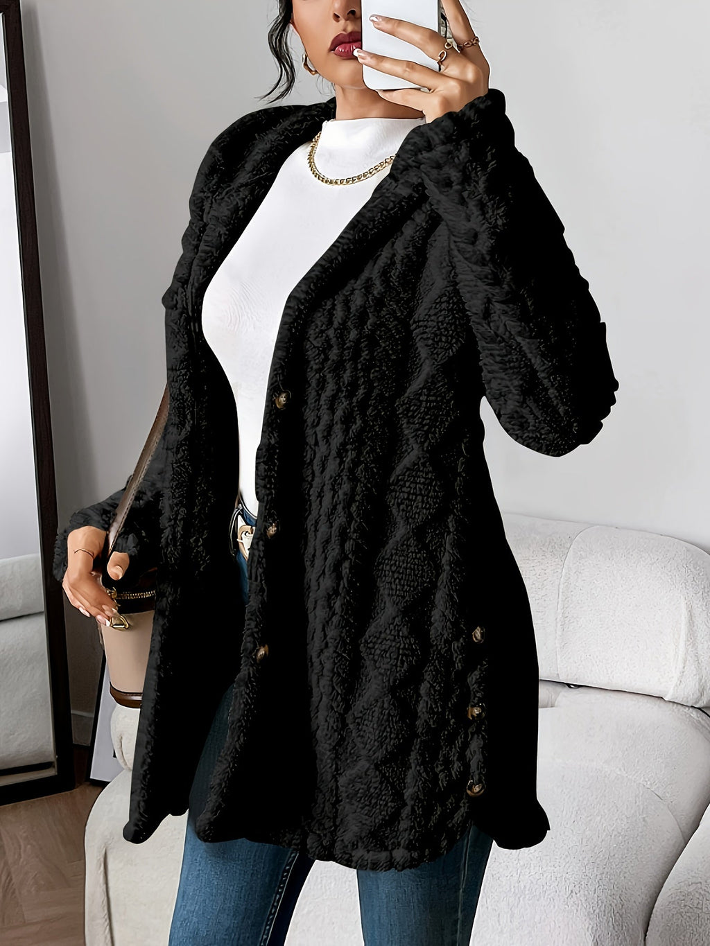 Lucy | Plush Elegance Hooded Jacquard Coat