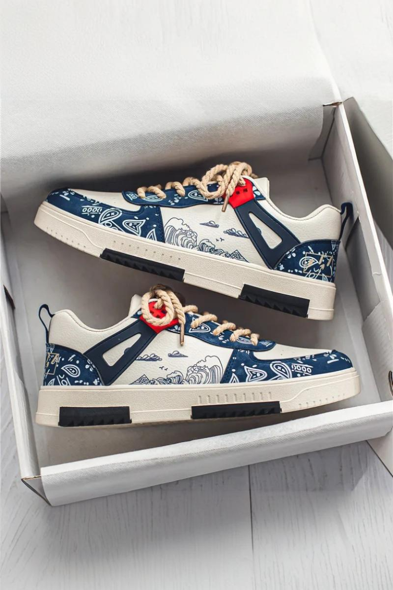 Liam | Artistic Wave Print Rope Lace Low-top Sneakers