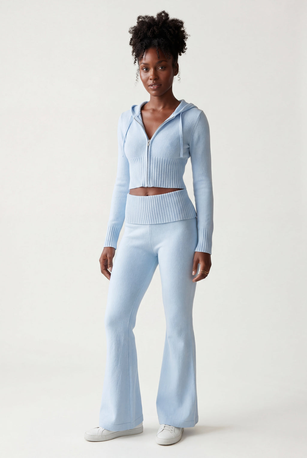 Lia | Ribbed Cropped Hoodie and Flared Pants Lounge Set