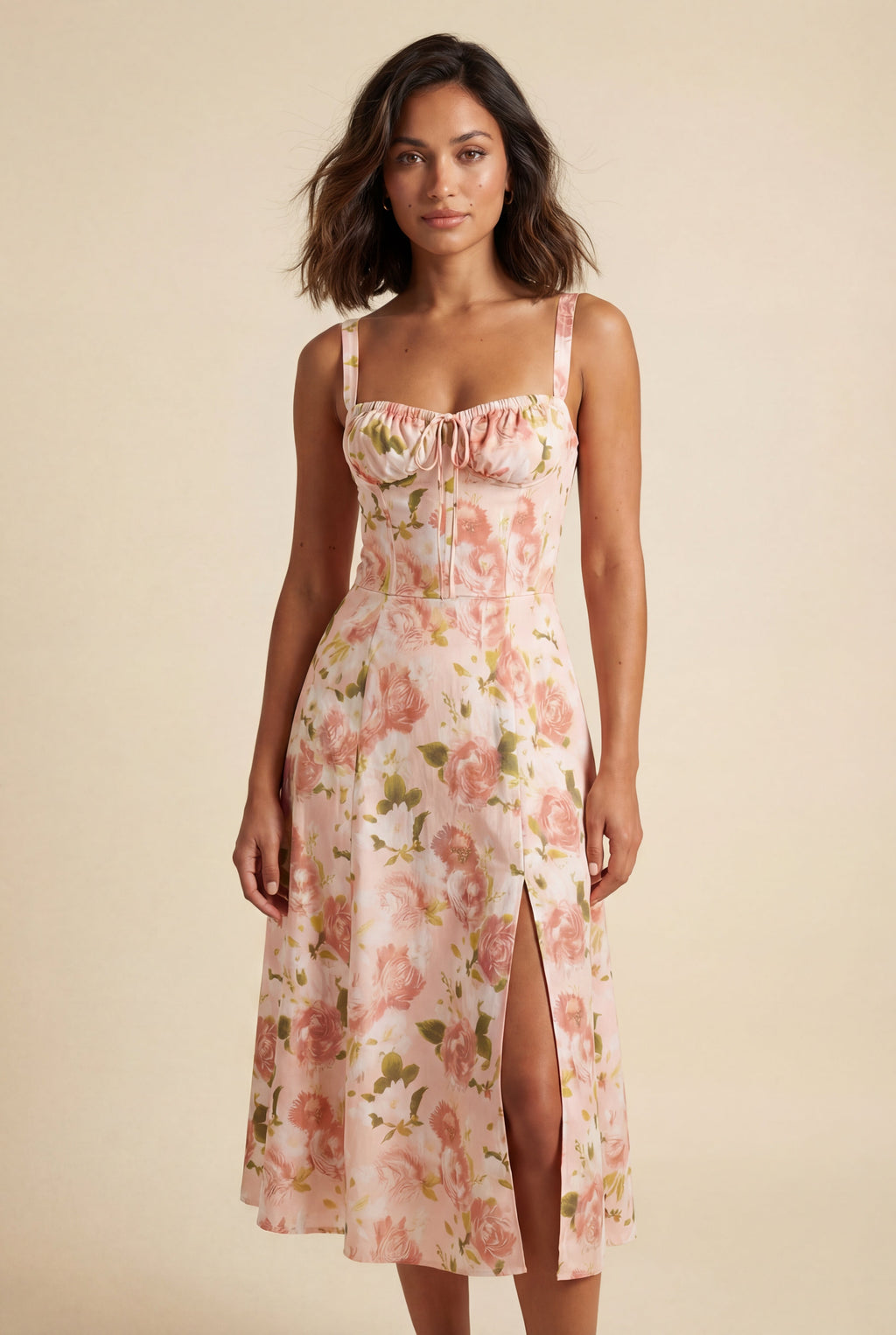 Elcevi | Floral Ruched Bust A-line Sundress with Front Slit For Women