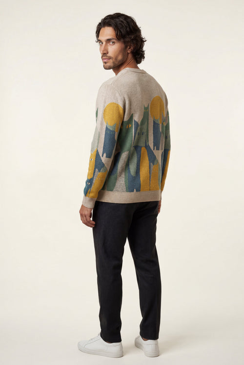 Abstract Cat Graphic Crew Neck Long Sleeve Sweater | James