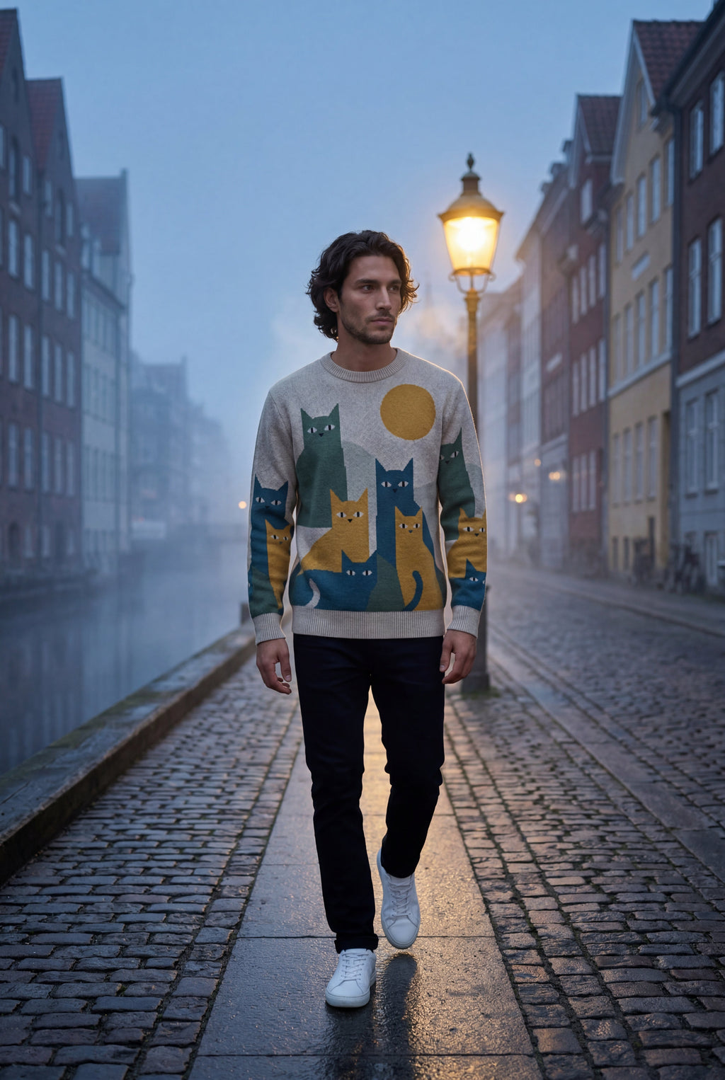Abstract Cat Graphic Crew Neck Long Sleeve Sweater | James