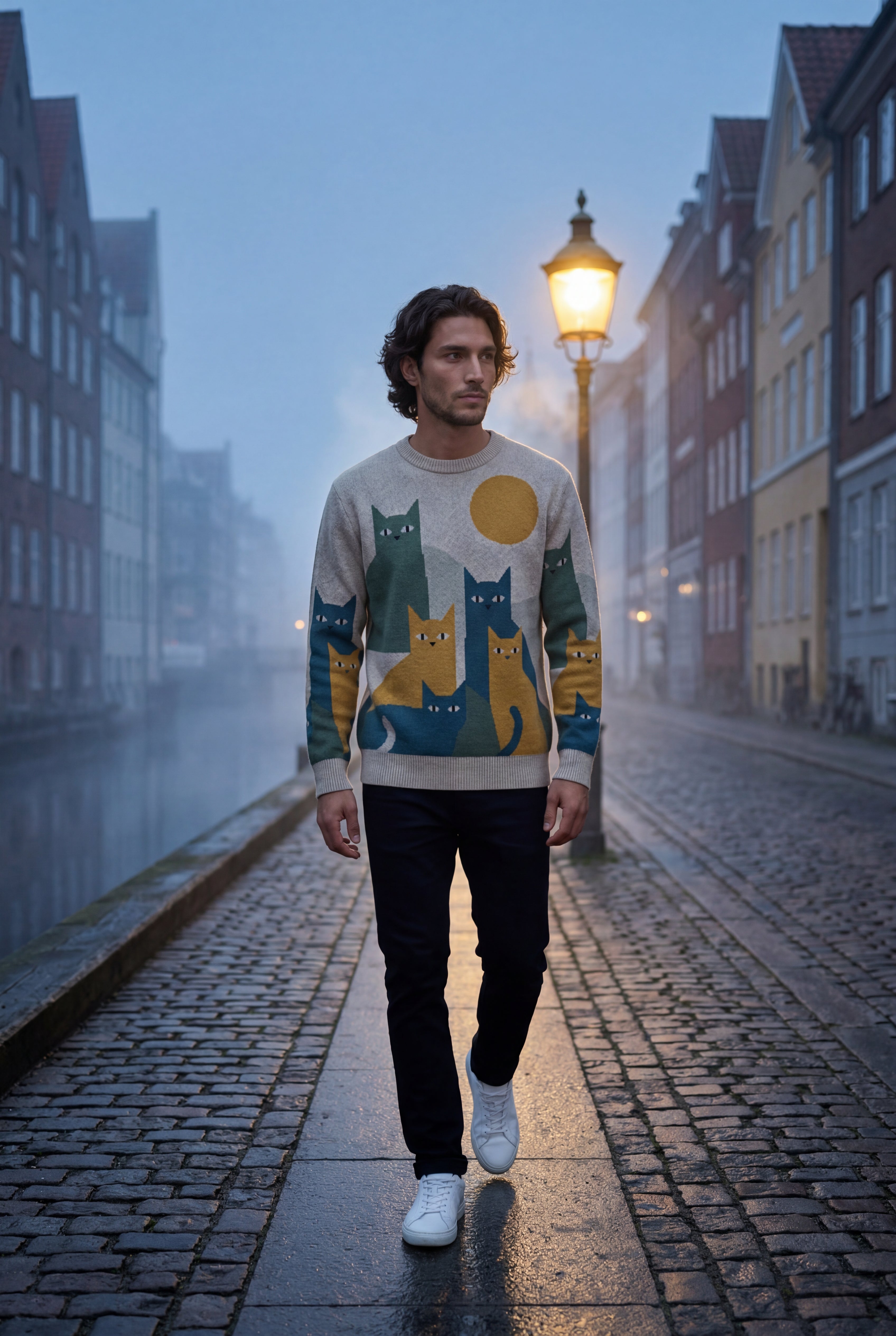 Abstract Cat Graphic Crew Neck Long Sleeve Sweater | James