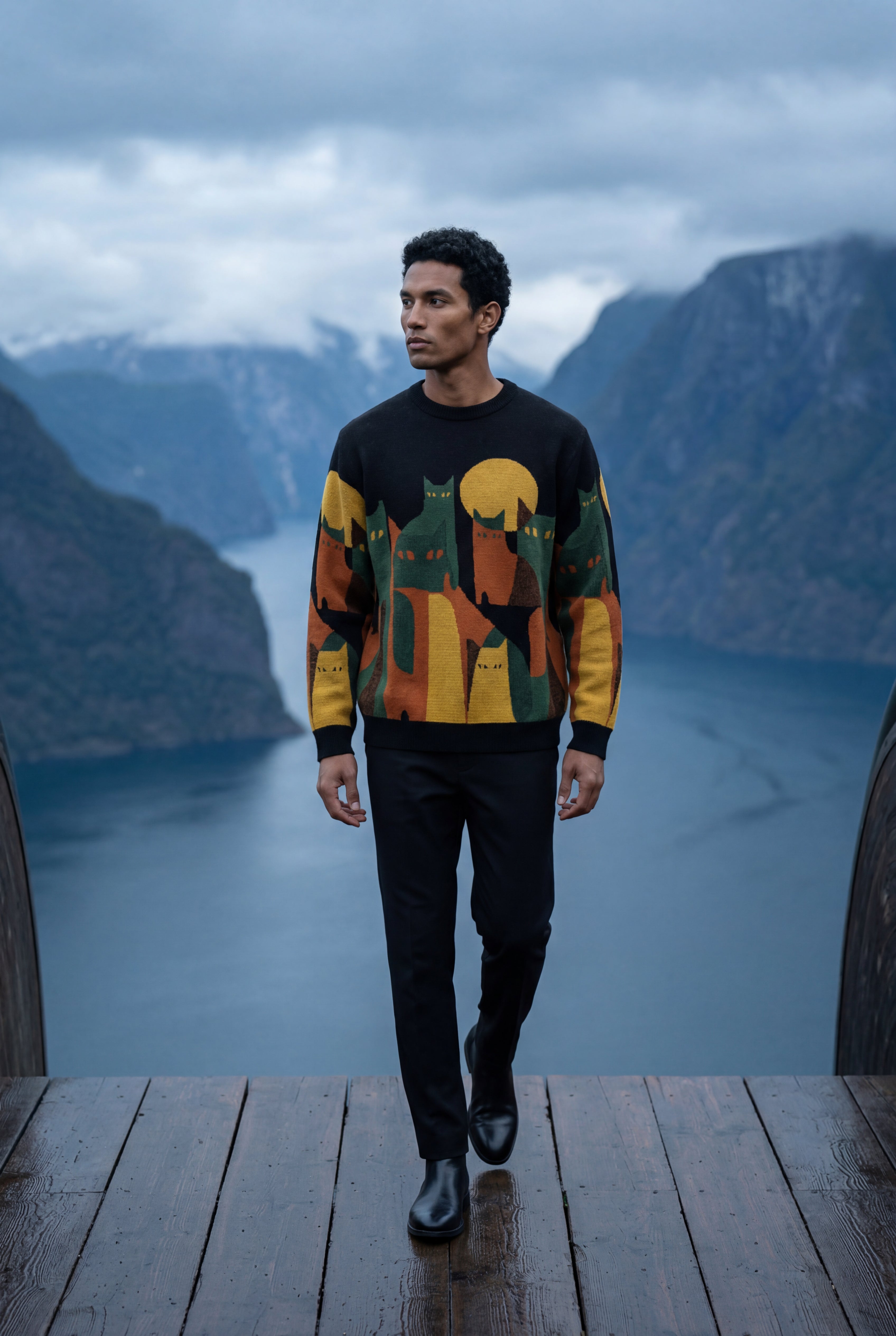 Abstract Cat Graphic Crew Neck Long Sleeve Sweater | James