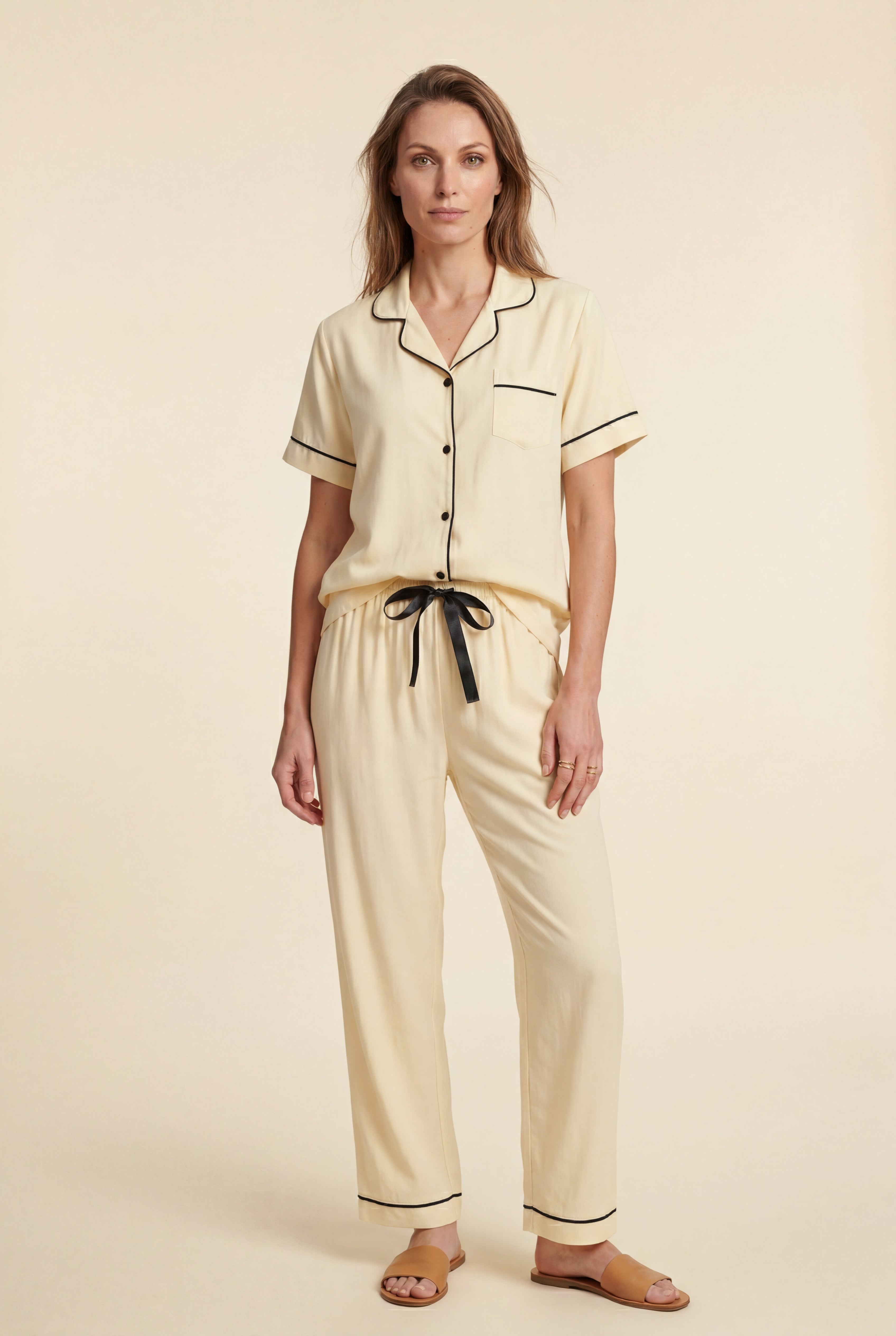 Lia | Contrast Piping Short Sleeve Pajama Set with Bow Waistband