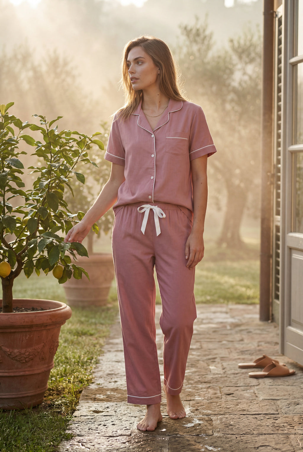 Lia | Contrast Piping Short Sleeve Pajama Set with Bow Waistband