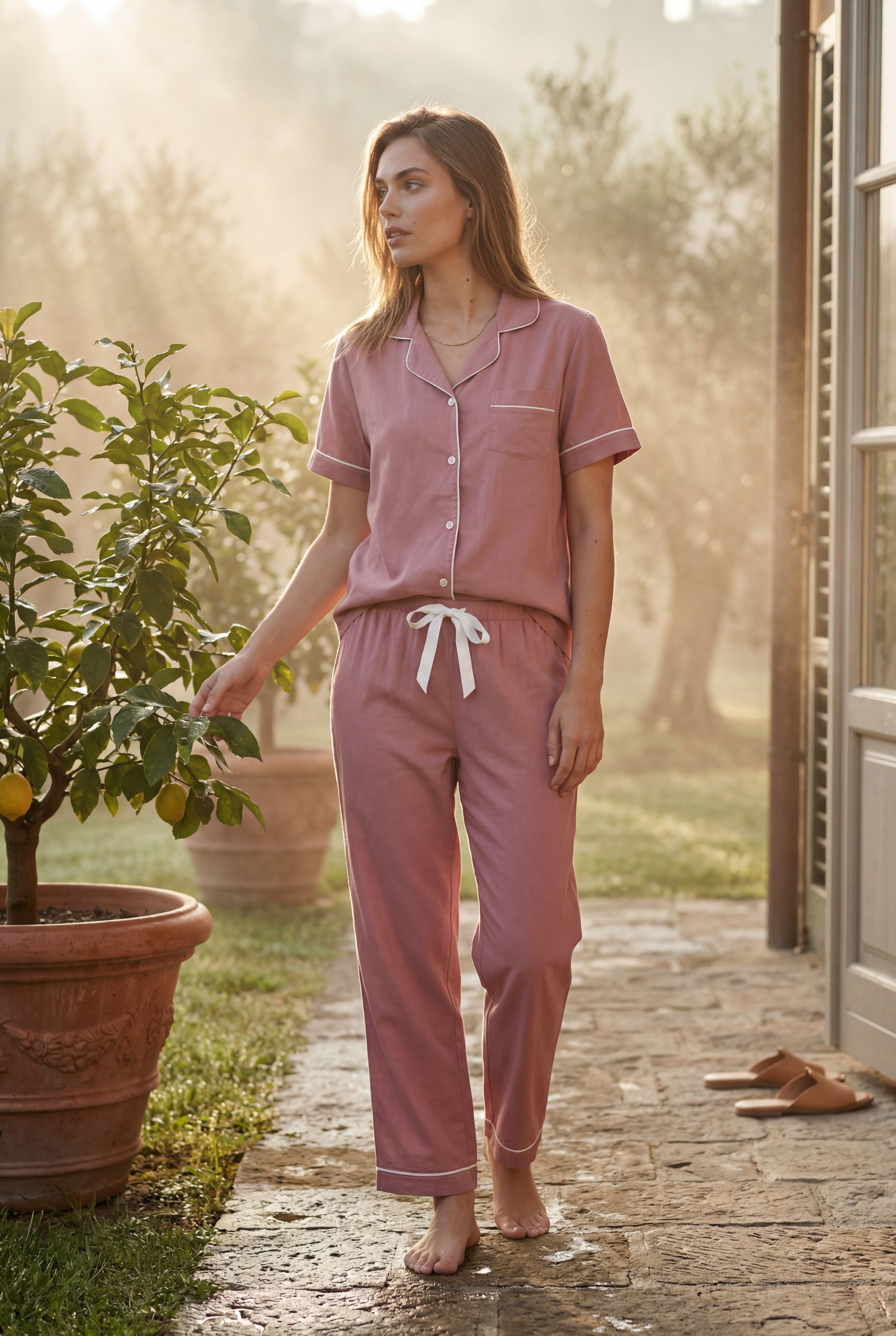 Lia | Contrast Piping Short Sleeve Pajama Set with Bow Waistband