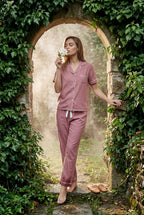 Lia | Contrast Piping Short Sleeve Pajama Set with Bow Waistband