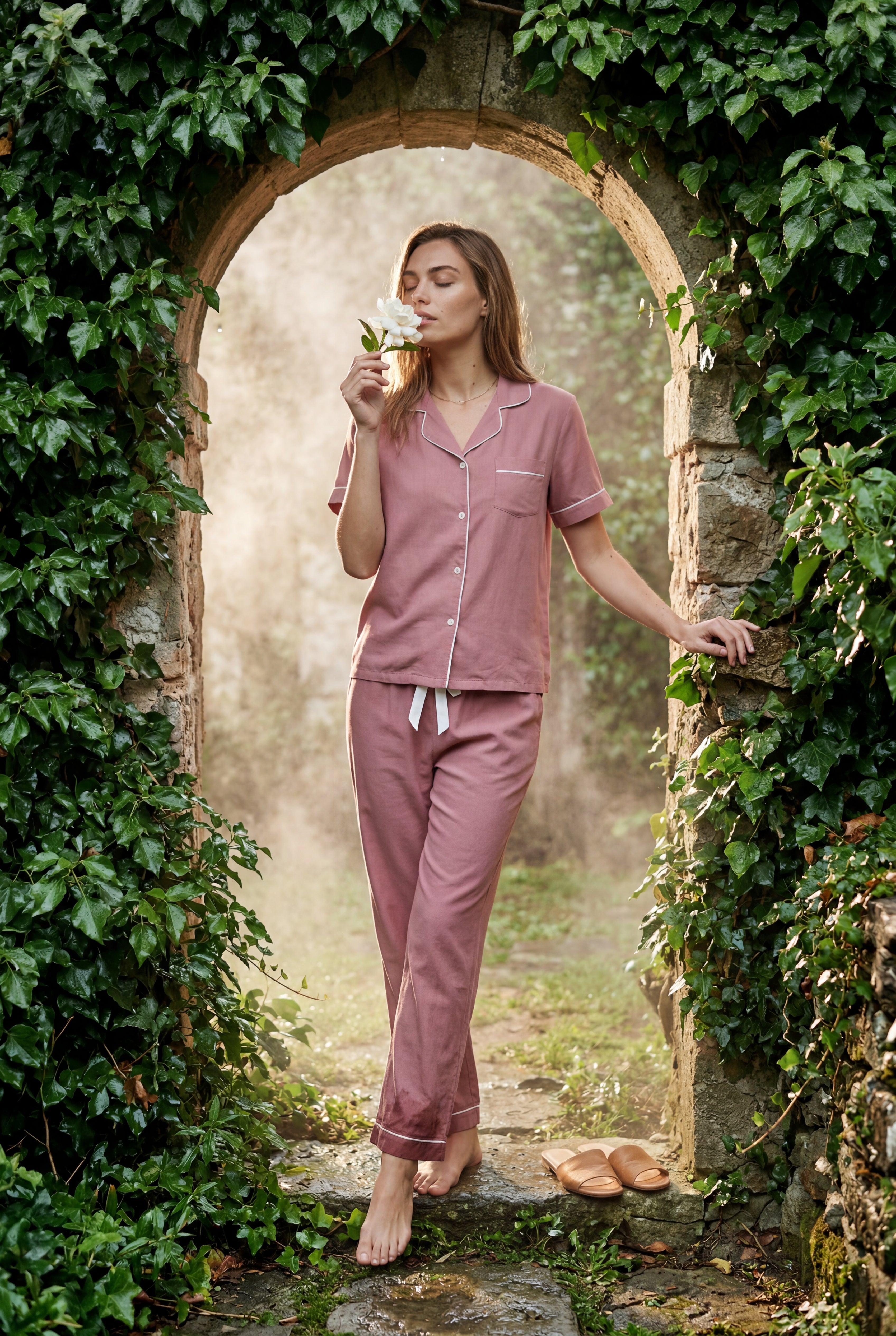 Lia | Contrast Piping Short Sleeve Pajama Set with Bow Waistband