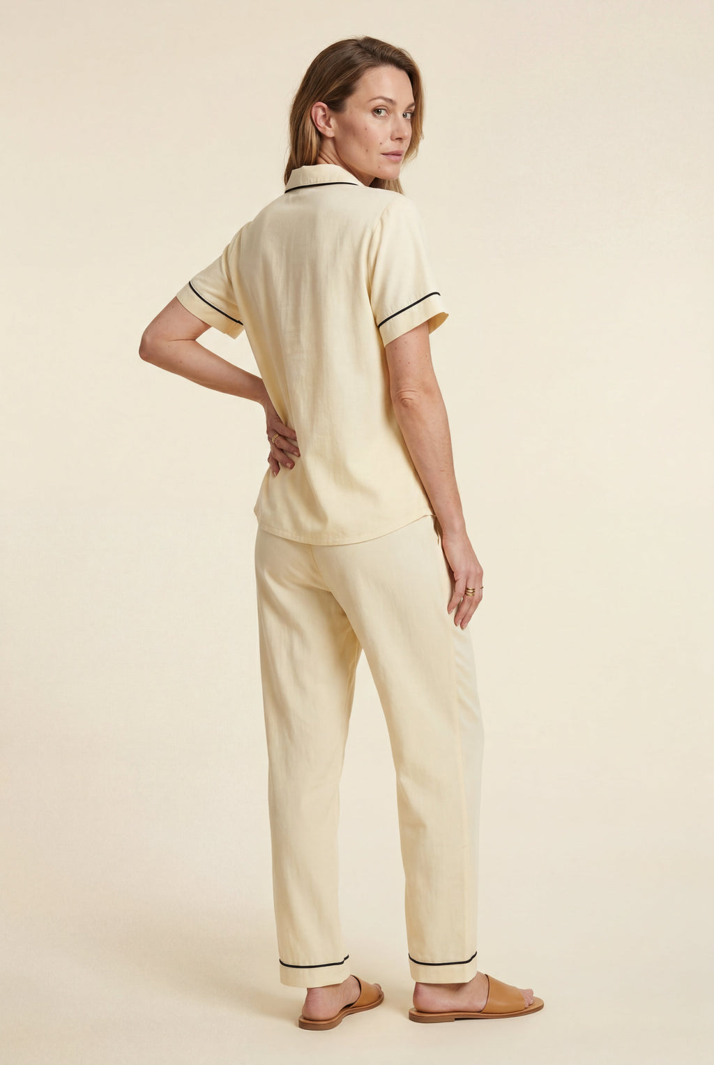 Lia | Contrast Piping Short Sleeve Pajama Set with Bow Waistband