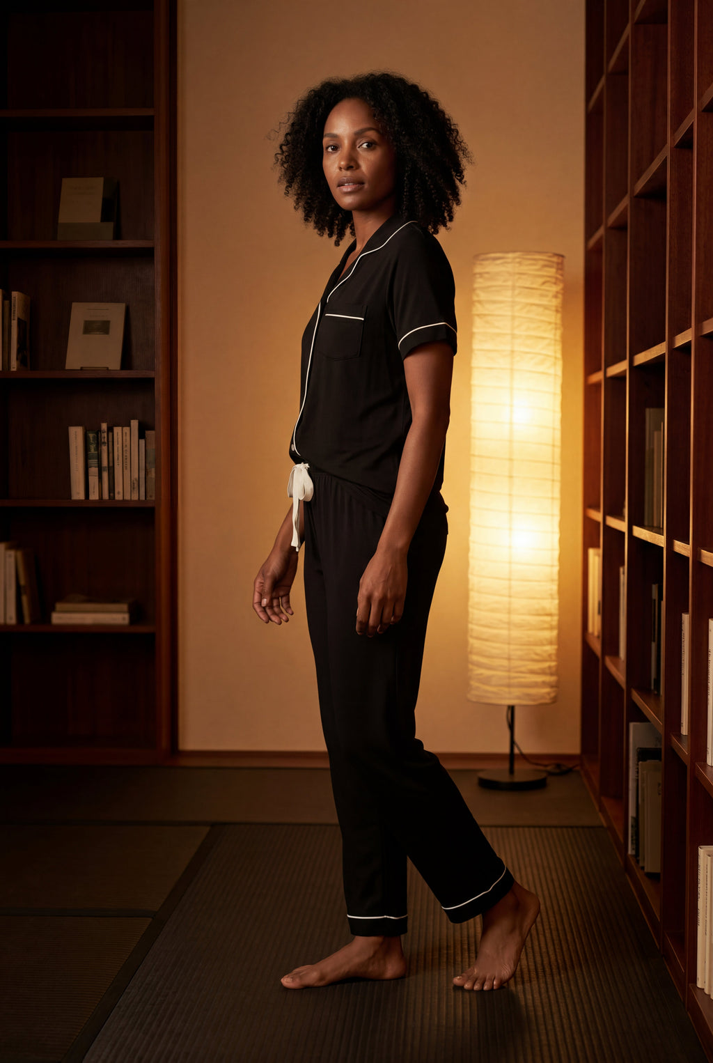 Lia | Contrast Piping Short Sleeve Pajama Set with Bow Waistband