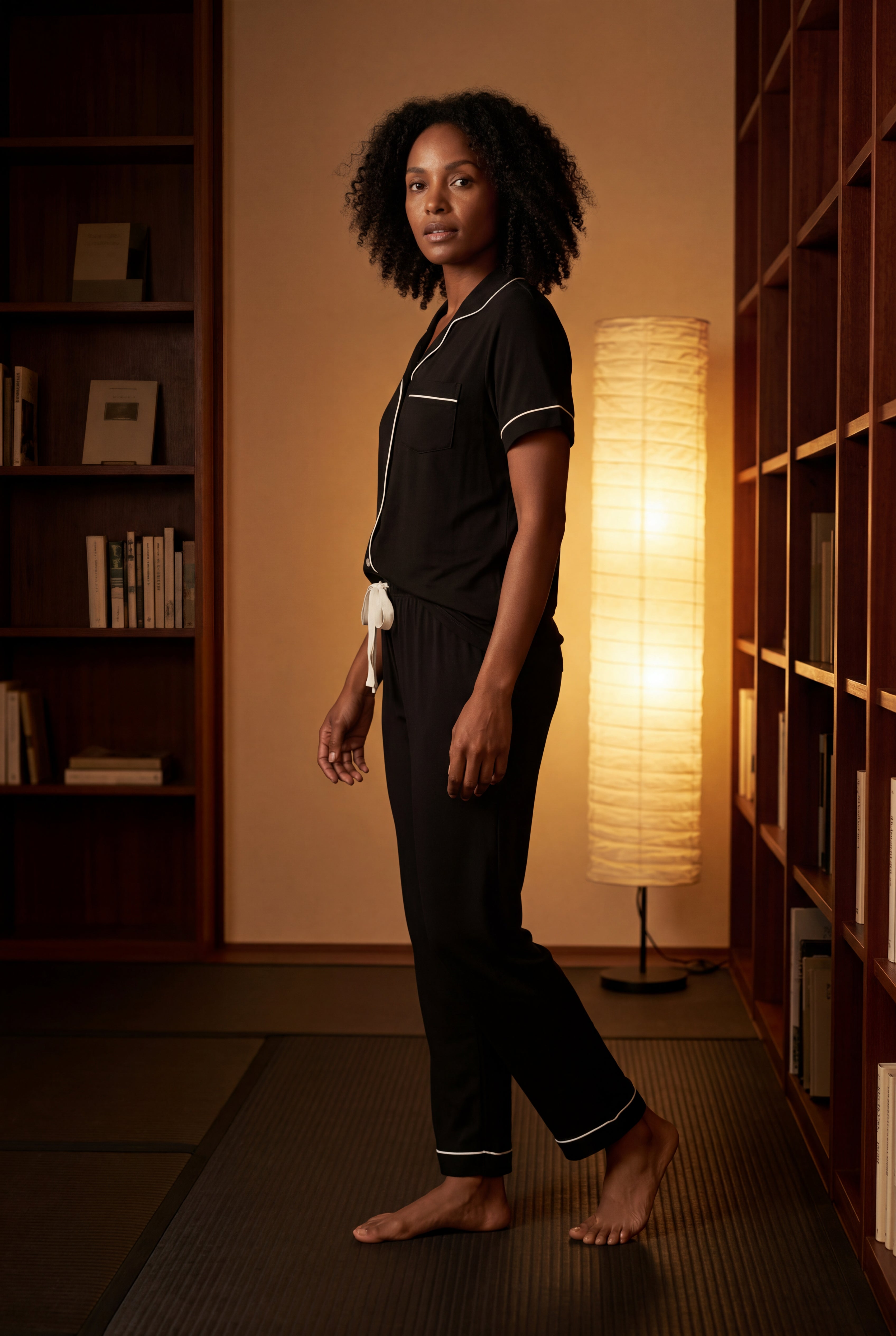 Lia | Contrast Piping Short Sleeve Pajama Set with Bow Waistband