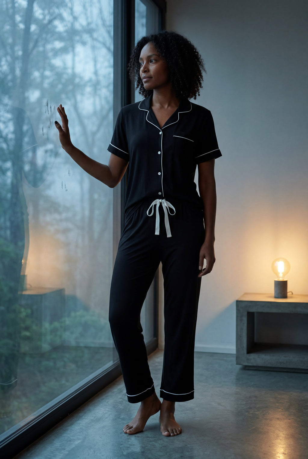 Lia | Contrast Piping Short Sleeve Pajama Set with Bow Waistband