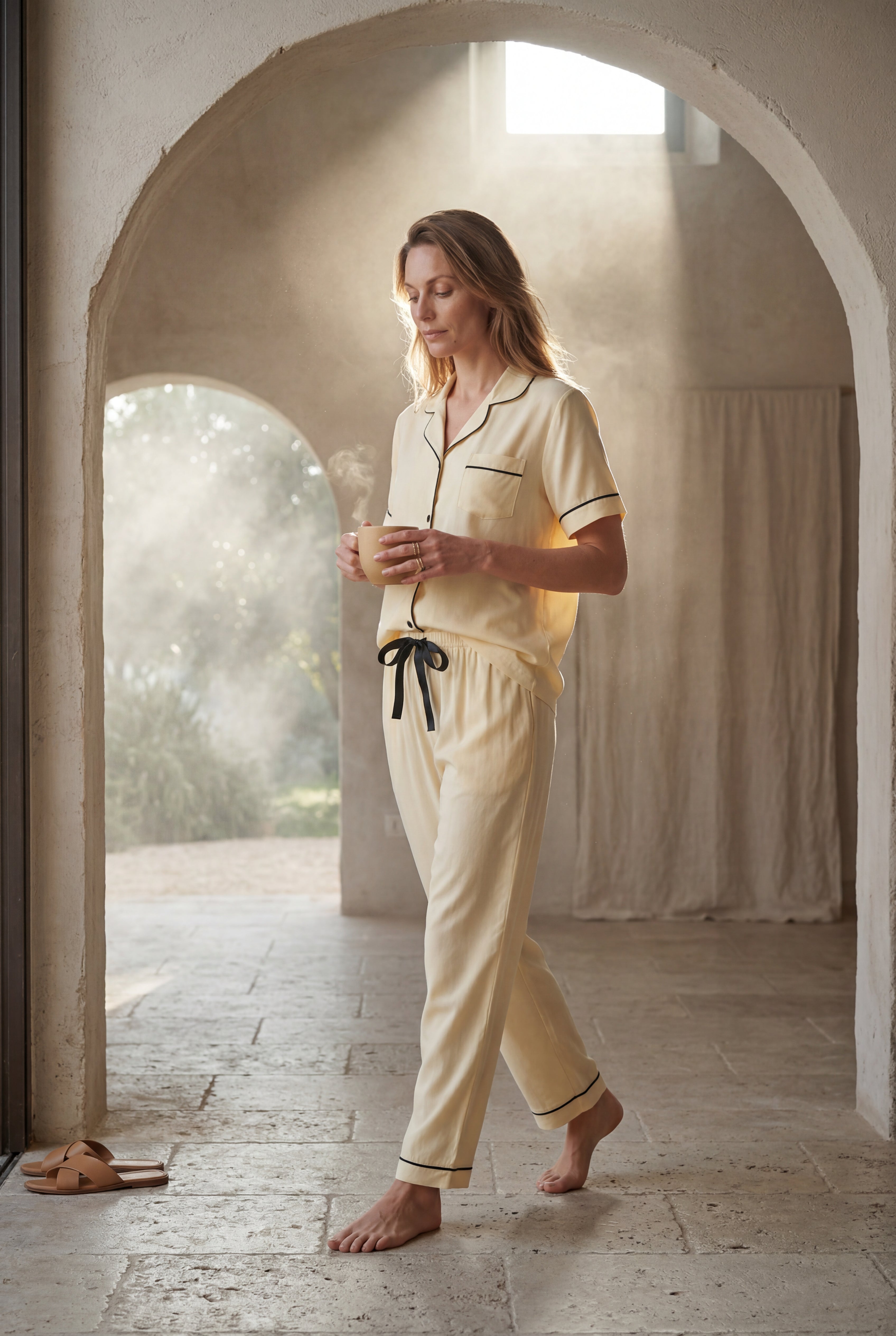 Lia | Contrast Piping Short Sleeve Pajama Set with Bow Waistband