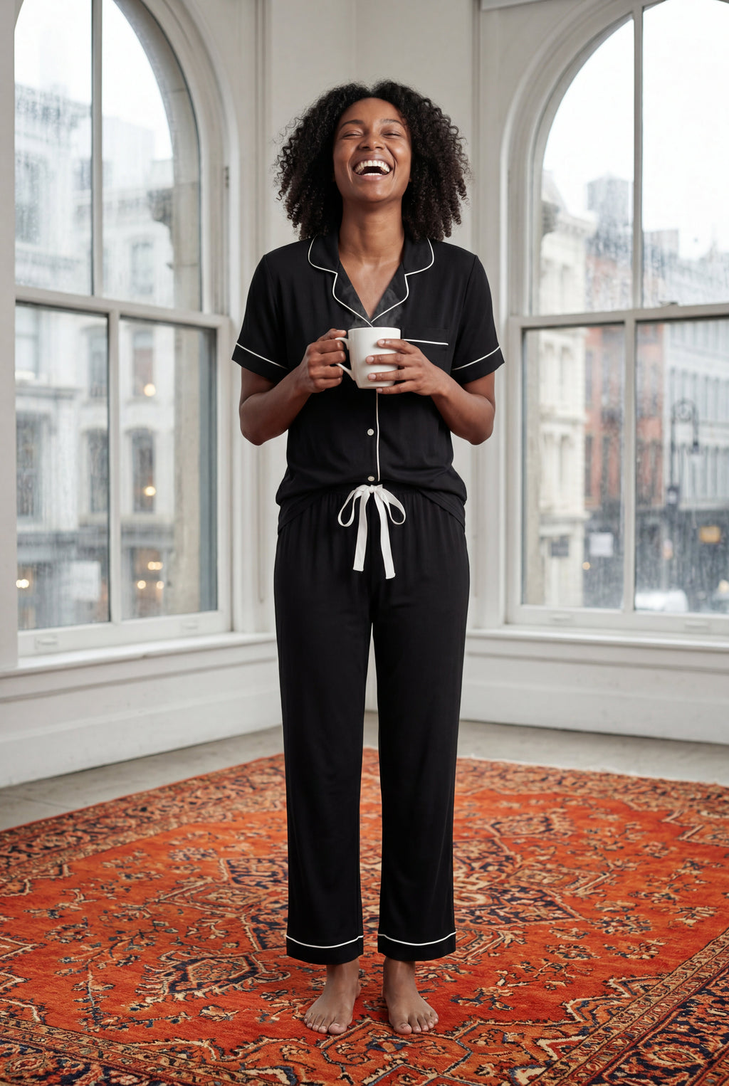 Lia | Contrast Piping Short Sleeve Pajama Set with Bow Waistband