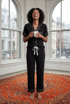 Lia | Contrast Piping Short Sleeve Pajama Set with Bow Waistband
