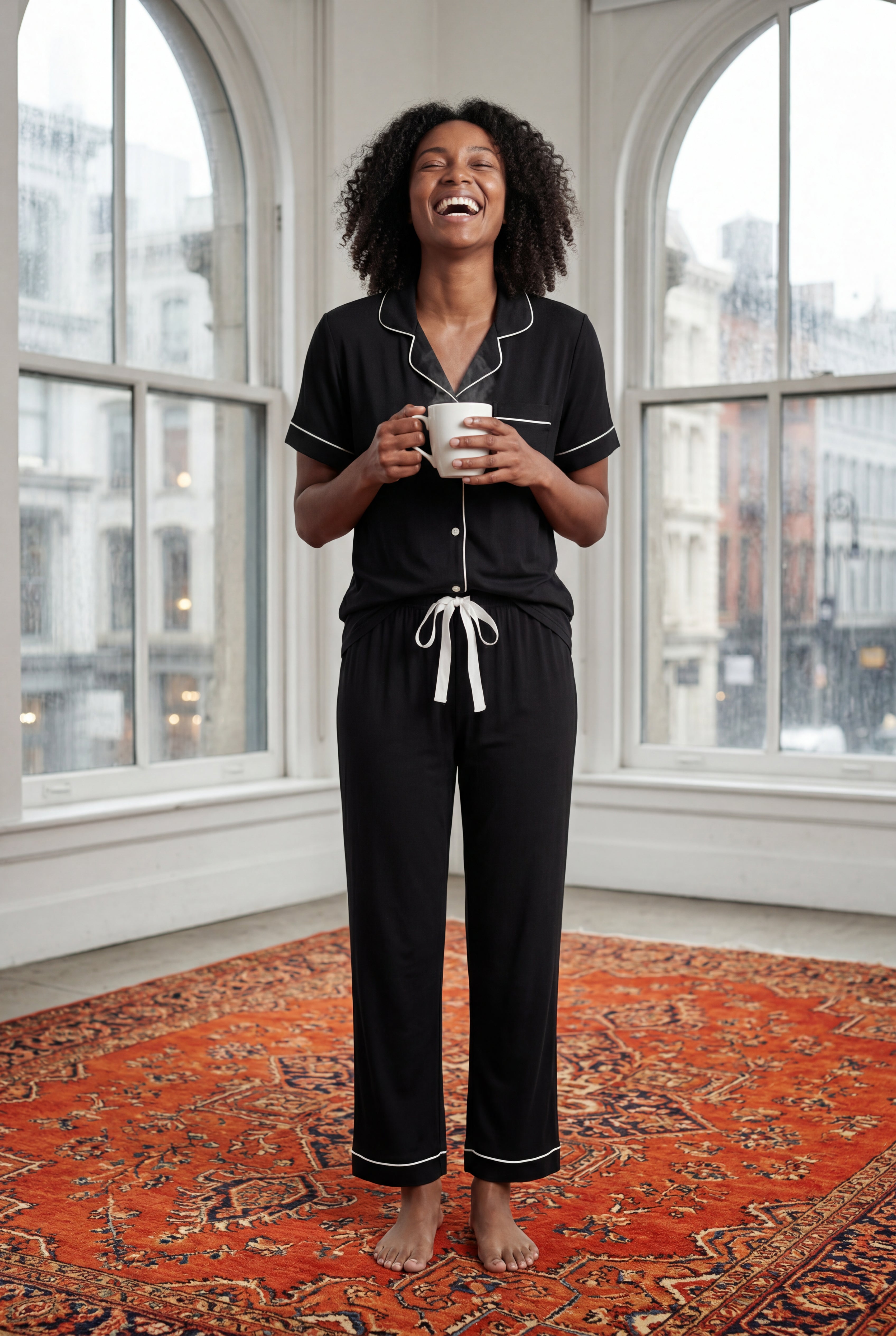 Lia | Contrast Piping Short Sleeve Pajama Set with Bow Waistband