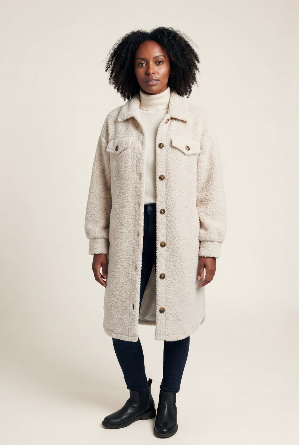 Kim | Cream Longline Button-front Teddy Coat with Chest Pockets