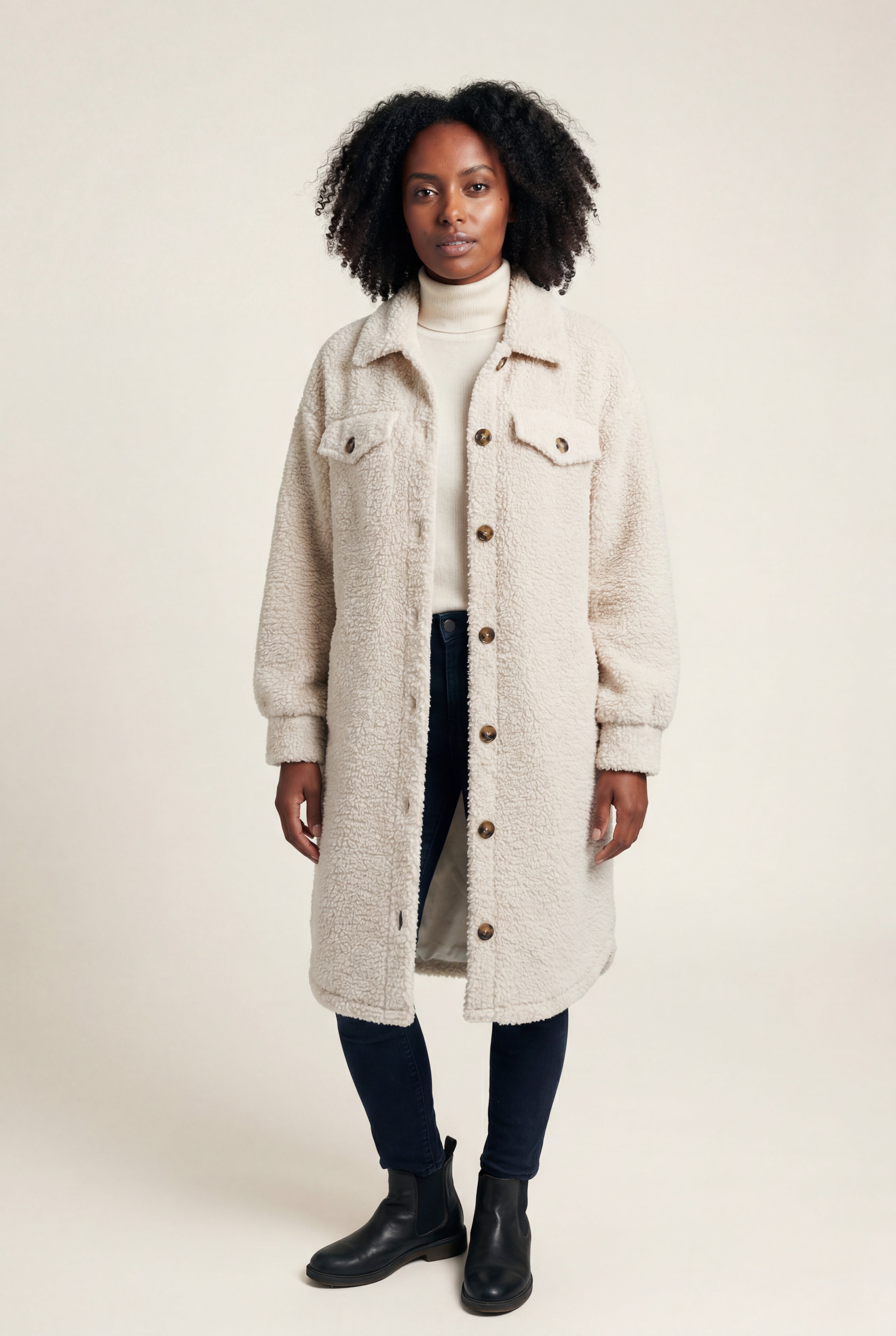 Kim | Cream Longline Button-front Teddy Coat with Chest Pockets