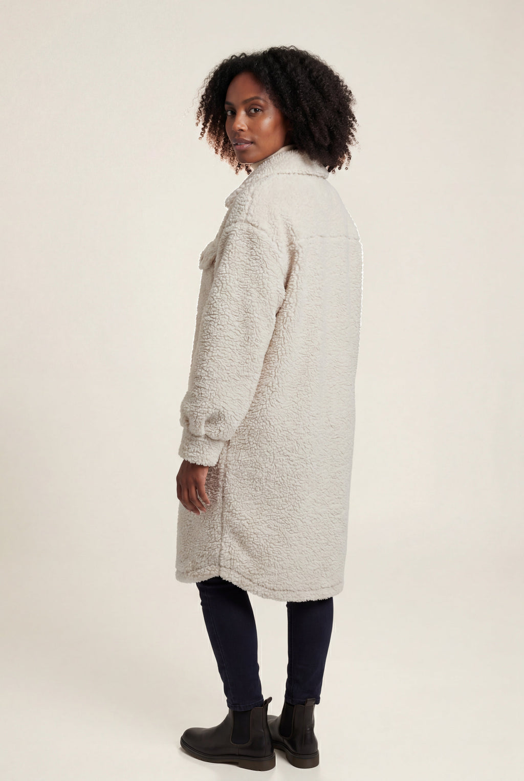 Kim | Cream Longline Button-front Teddy Coat with Chest Pockets