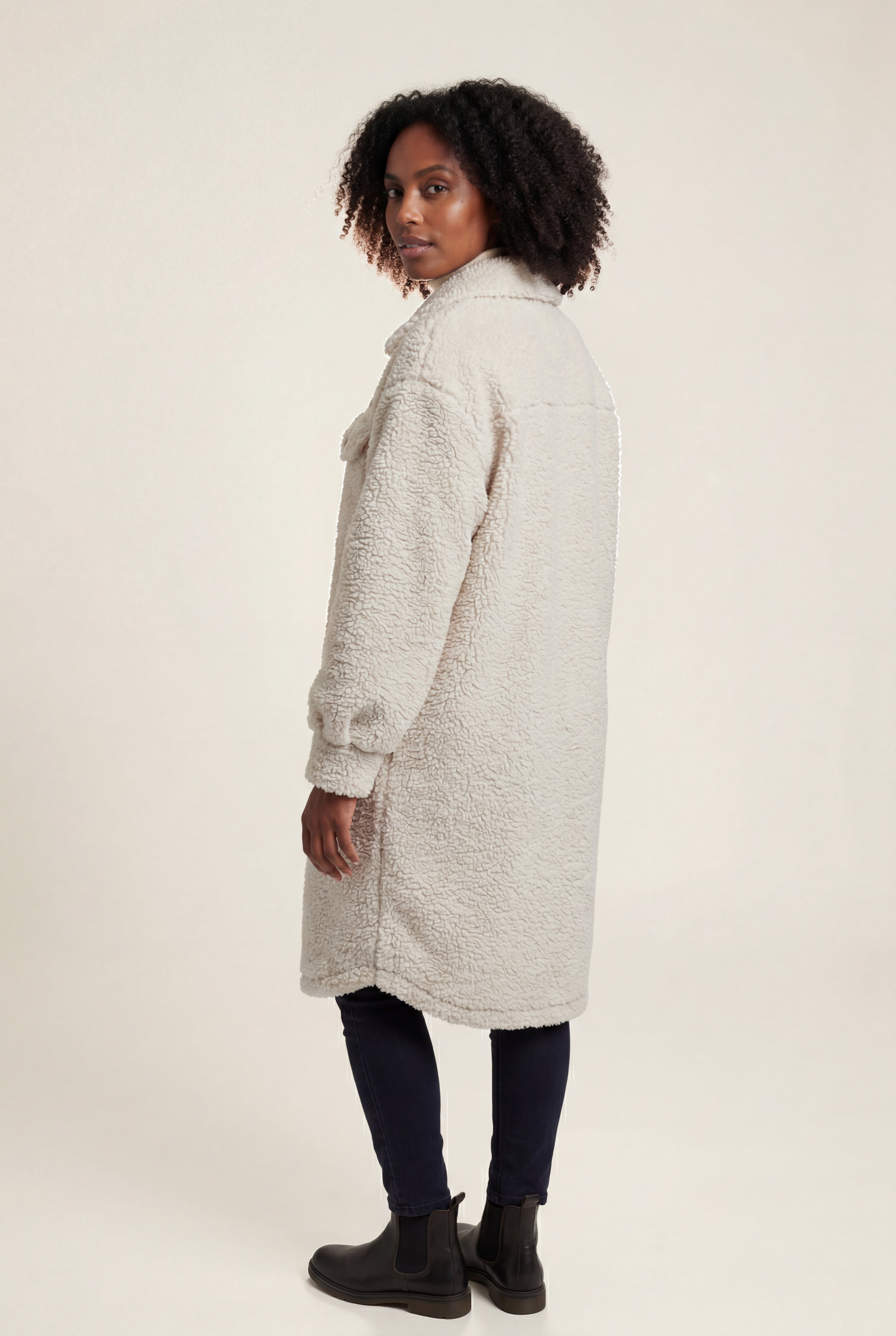 Kim | Cream Longline Button-front Teddy Coat with Chest Pockets