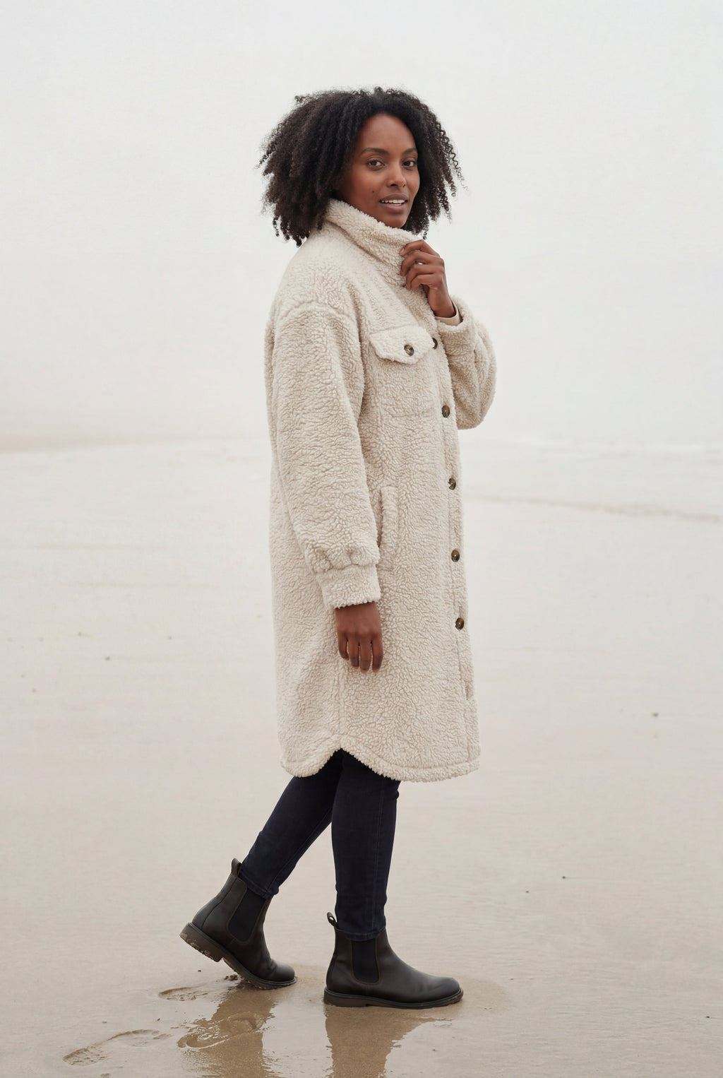 Kim | Cream Longline Button-front Teddy Coat with Chest Pockets