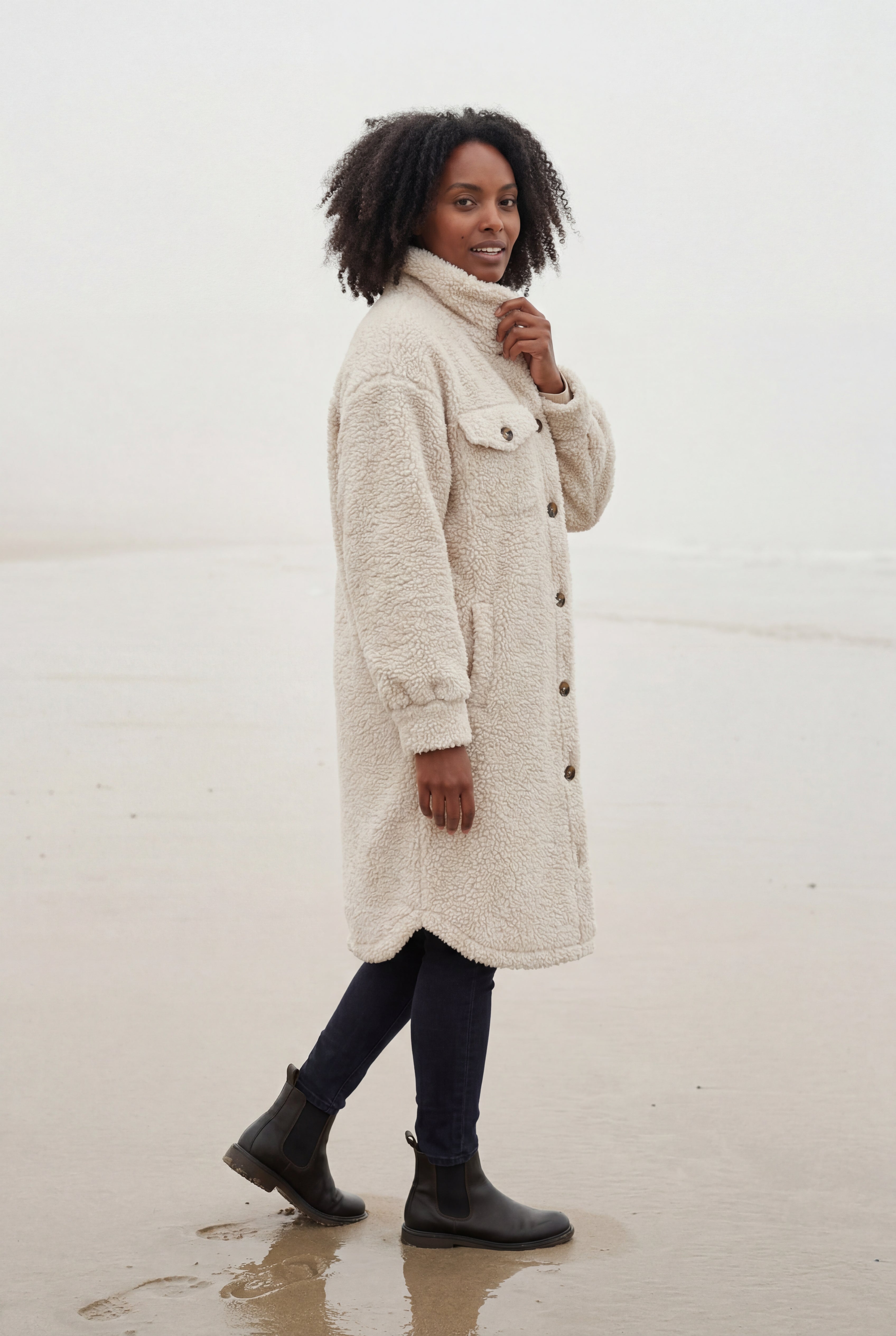 Kim | Cream Longline Button-front Teddy Coat with Chest Pockets