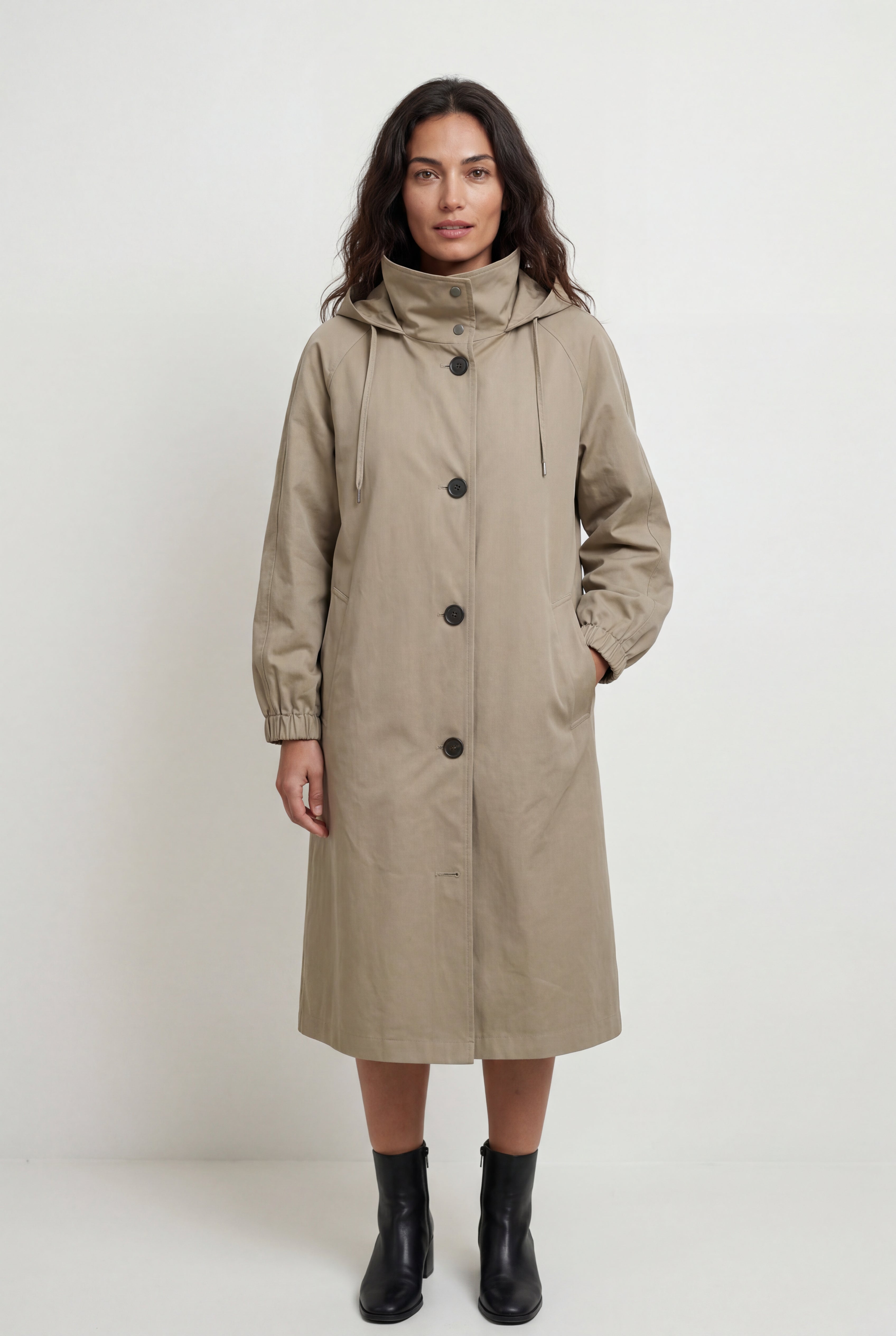 Hooded Snap Button Long Parka Coat with Adjustable Waist | Elcevi