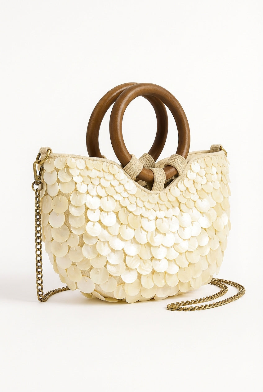 Lieke | Ivory Sculptural Mini Handbag with Wooden Handles