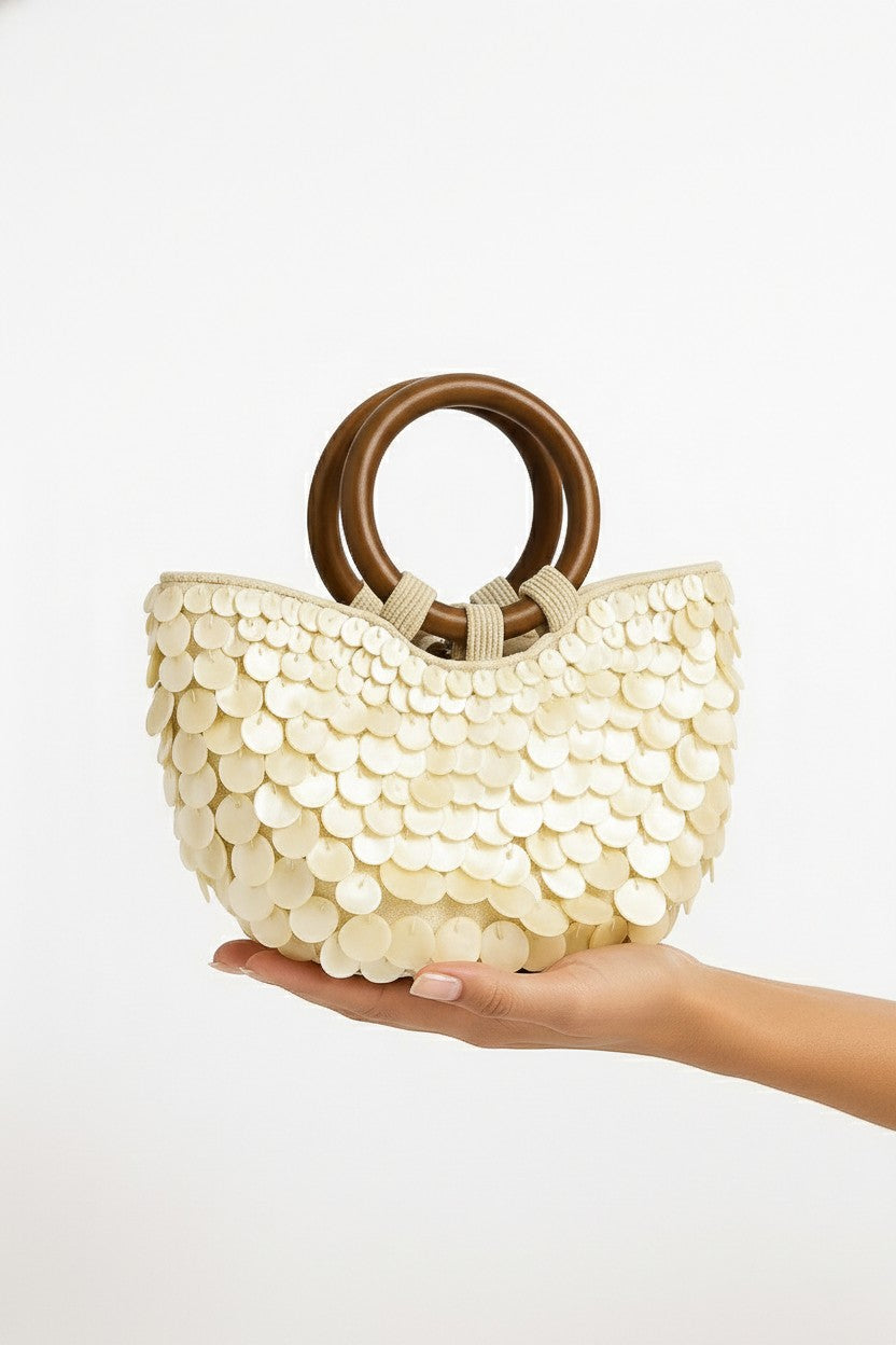 Lieke | Ivory Sculptural Mini Handbag with Wooden Handles