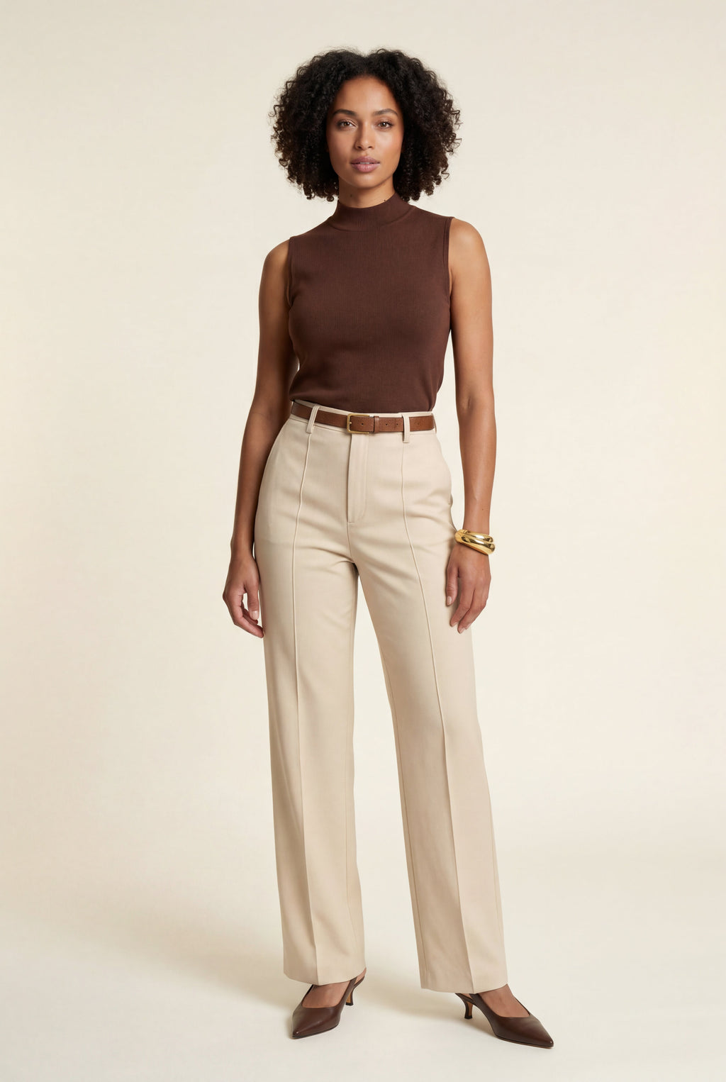 Lia | Light Beige High-waisted Straight-leg Tailored Trousers