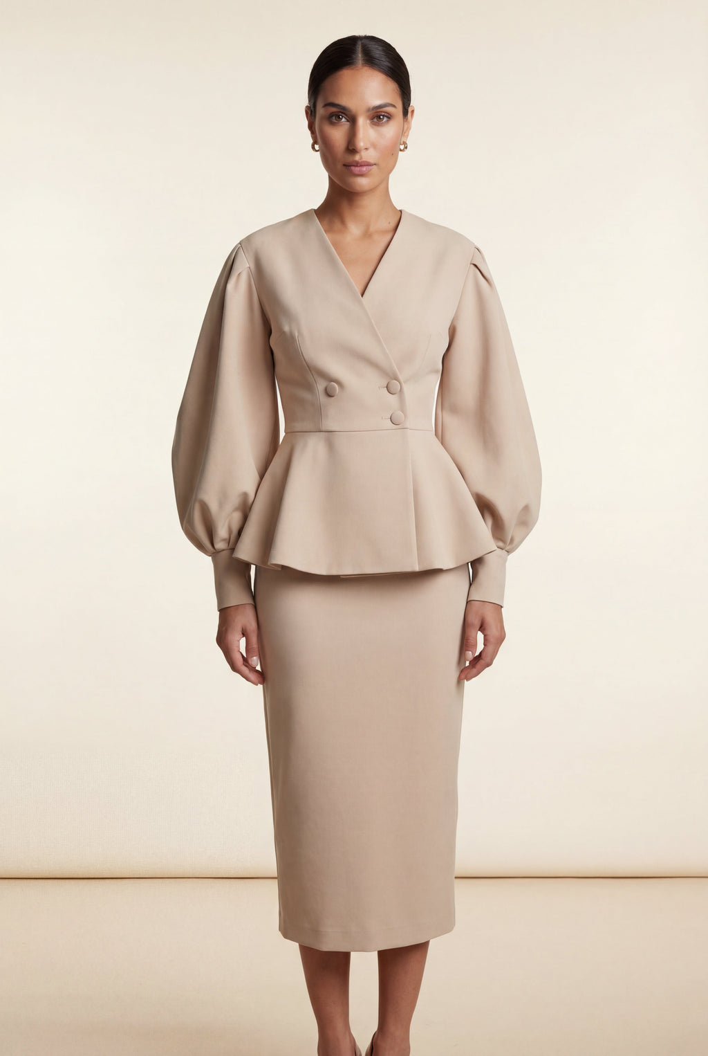 Peplum Blazer and Long Pencil Skirt Set with Balloon Sleeves | Elcevi