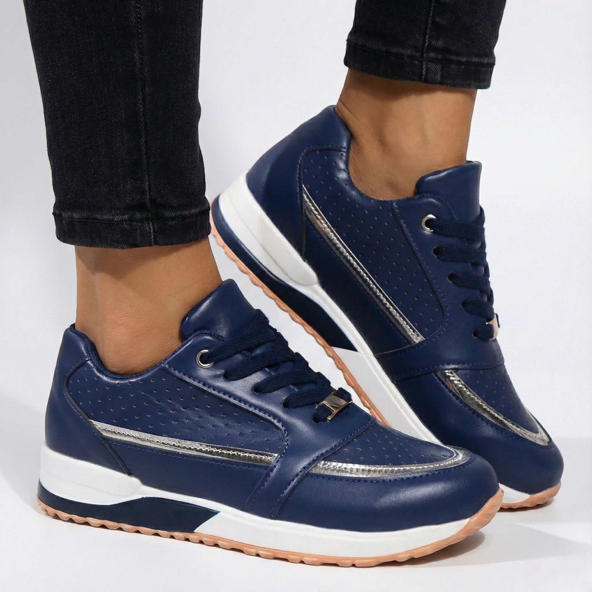 Lia | Perforated Metallic Trim Low-top Walking Sneakers