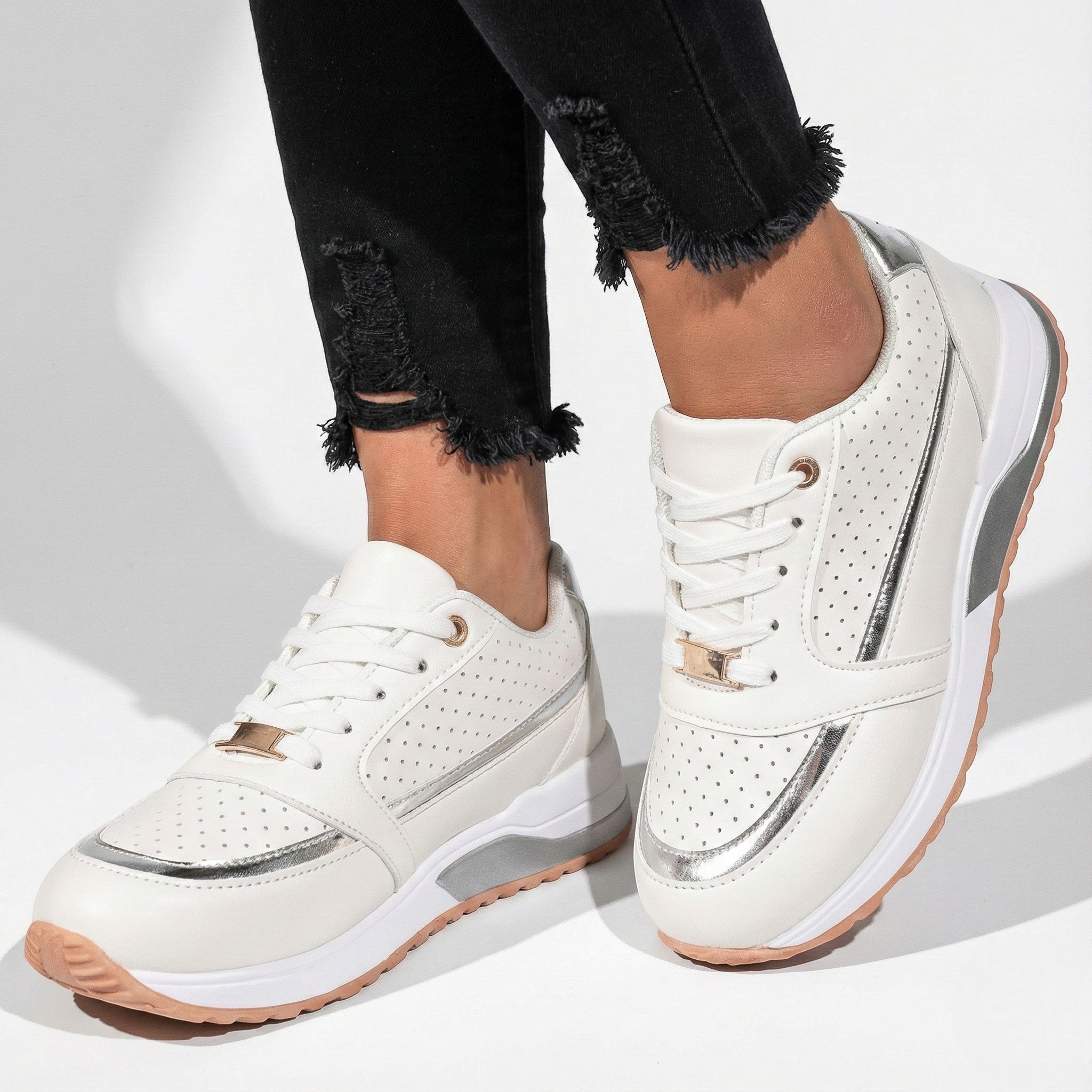 Lia | Perforated Metallic Trim Low-top Walking Sneakers