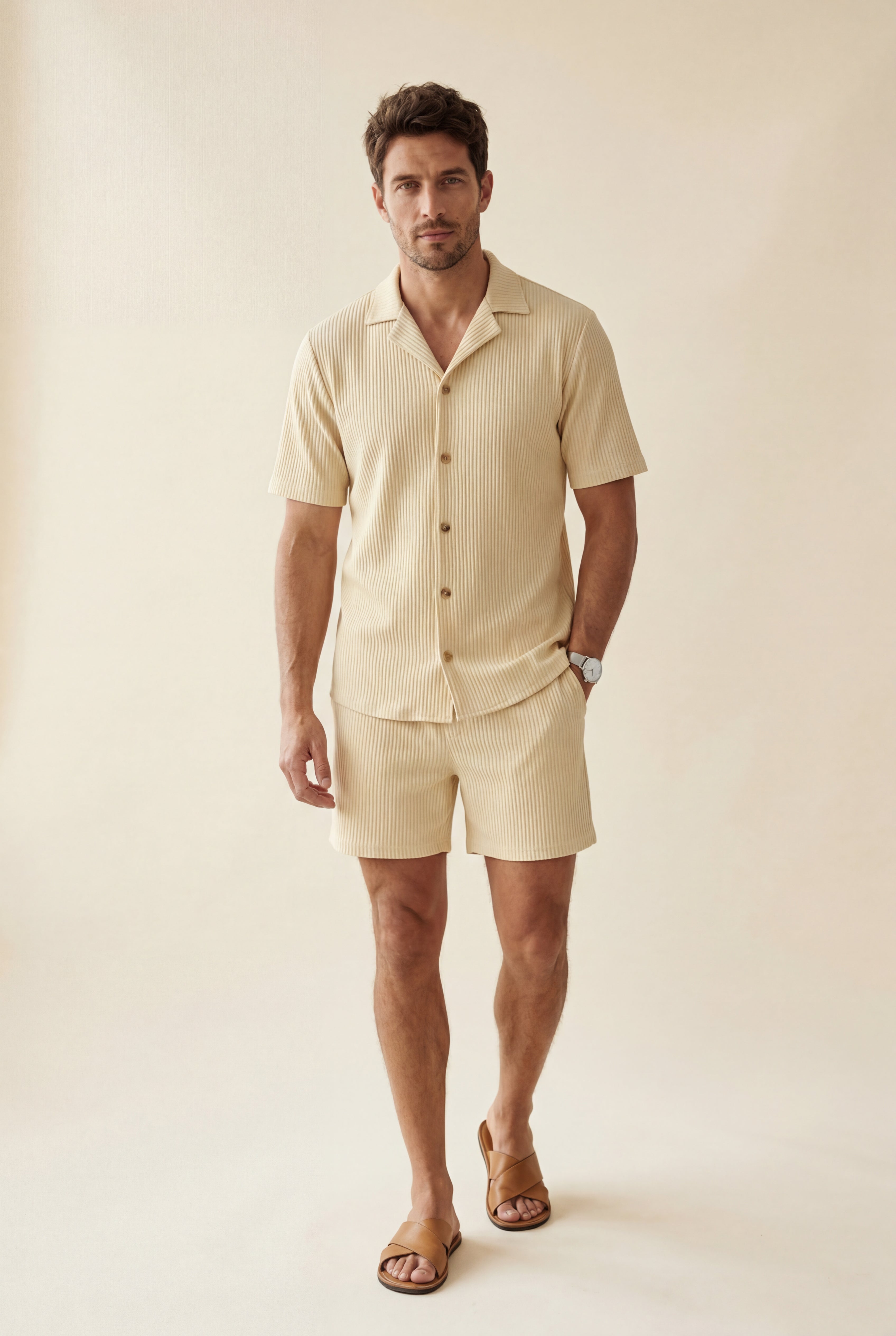 Liam | Ribbed Short Sleeve Shirt and Shorts Set